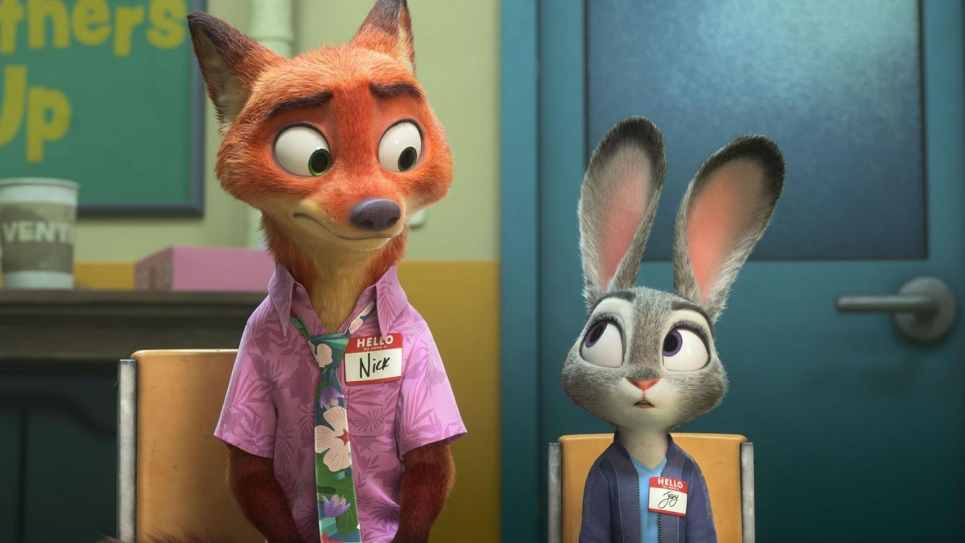 A cartoon fox in a pink shirt and a female rabbit in a blue t-shirt looking at each other