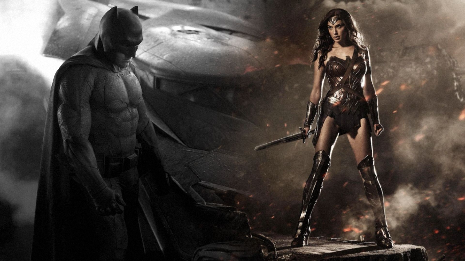Actor Ben Affleck in a black suit with horns and actress Gal Gadot in a burgundy corset holding a sword