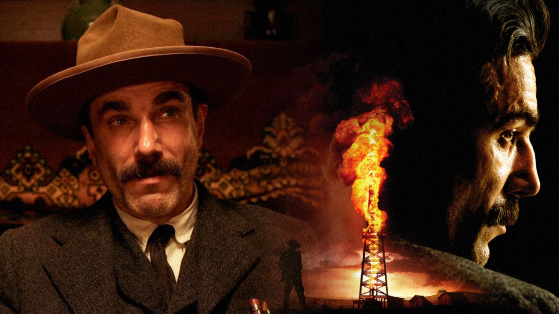 Actor Daniel Day-Lewis in a brown hat standing next to a burning oil derrick