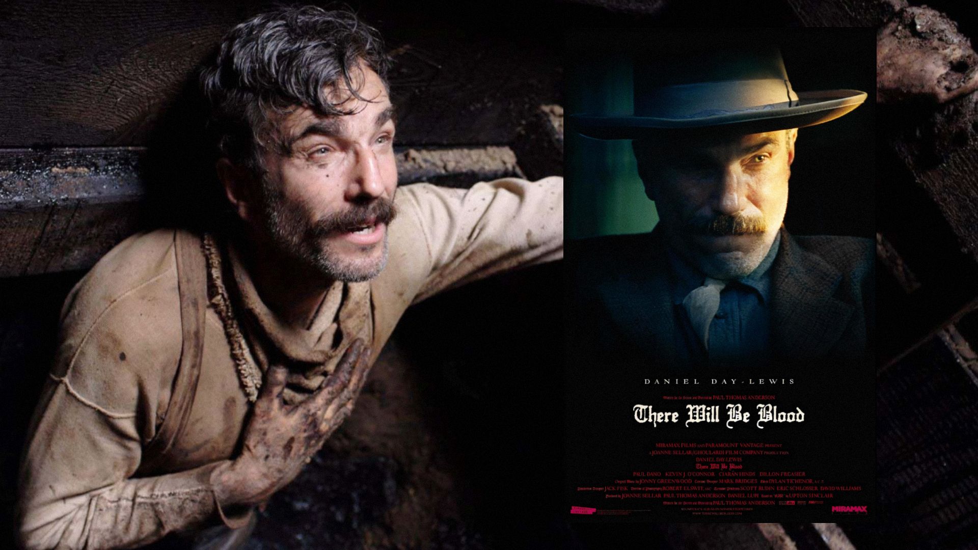 Actor Daniel Day-Lewis in dirty white clothing, next to a movie poster showing the actor in a suit and hat