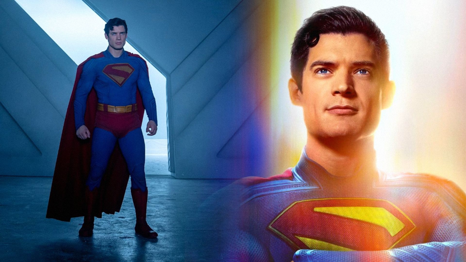 Actor David Corenswet in a blue and red superhero costume smiles