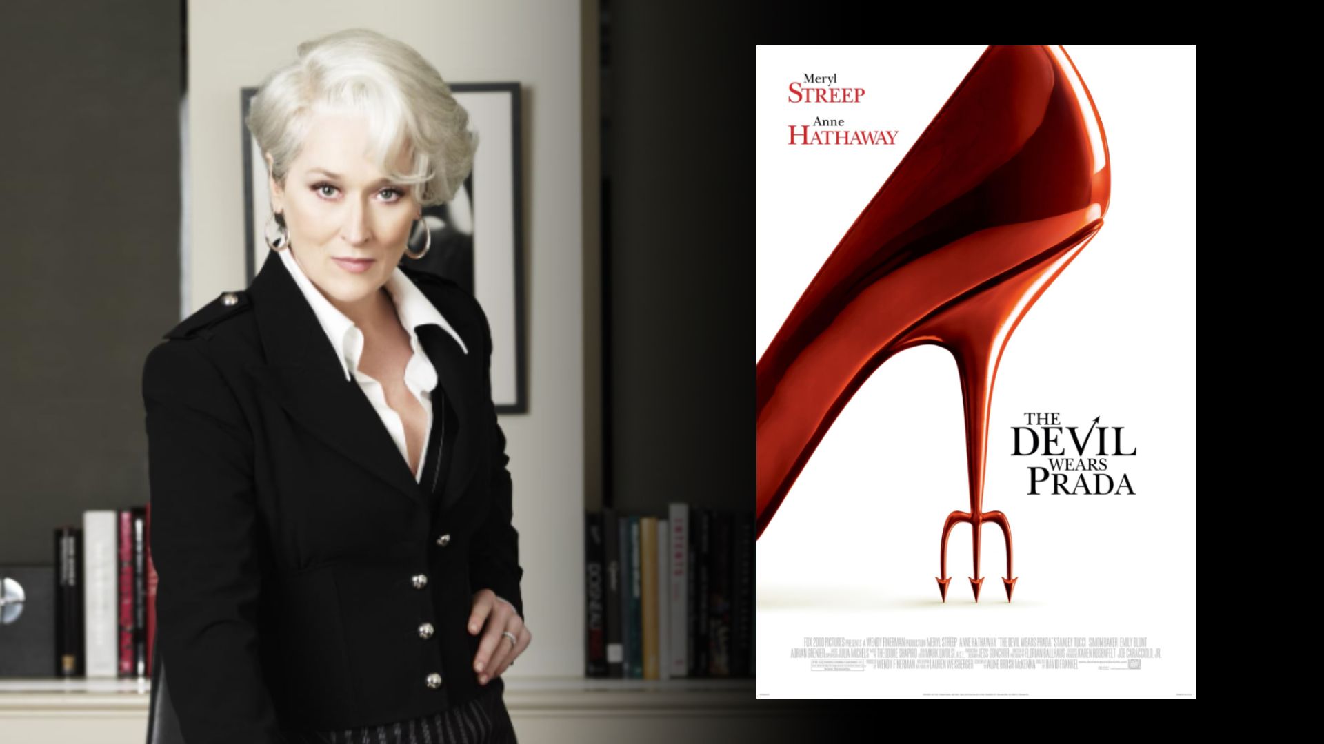 Actress Meryl Streep in a black blazer stands by a table, next to a movie poster featuring a red high heel