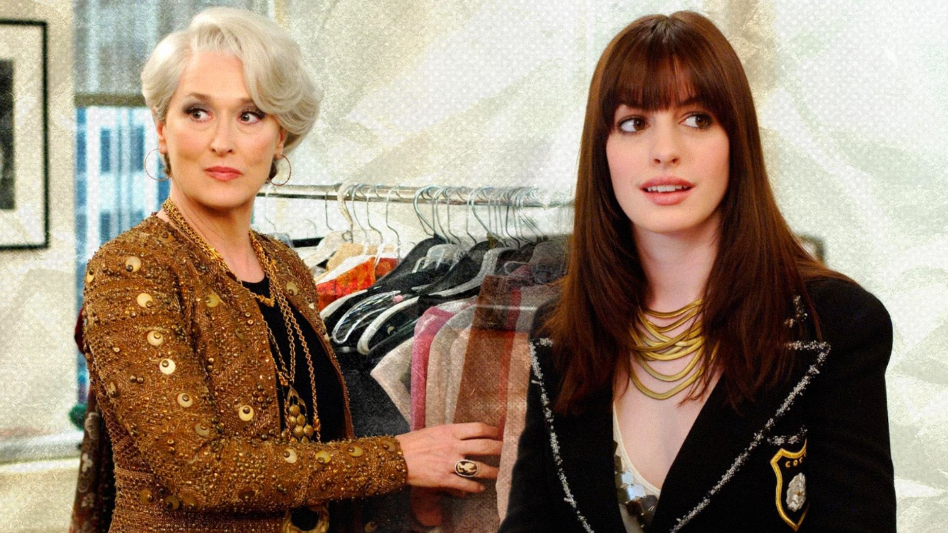 Actress Meryl Streep in brown clothing looking to the side, actress Anne Hathaway in a black blazer with gold jewelry around her neck