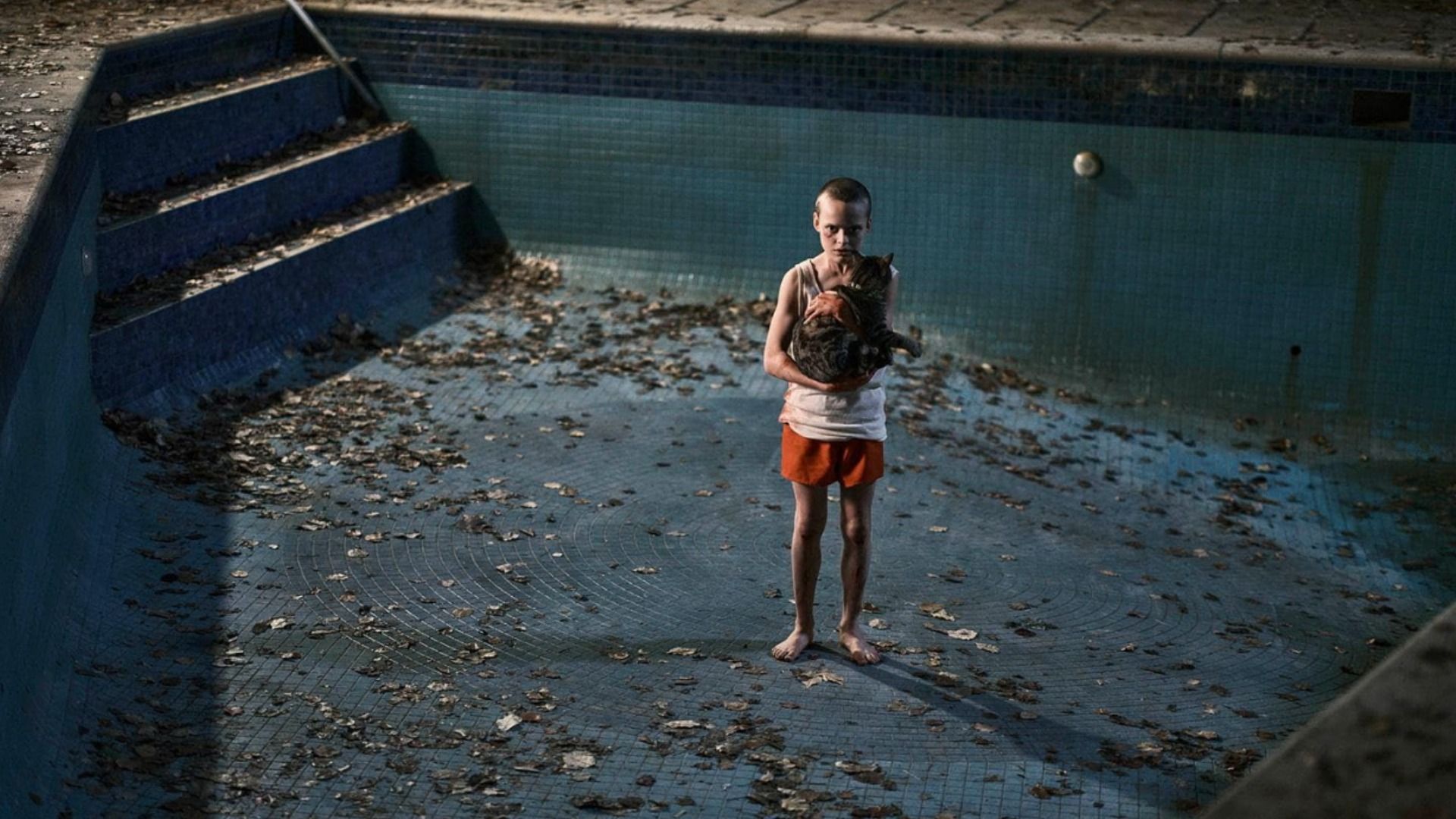 A boy in orange shorts stands at the bottom of a swimming pool holding a cat