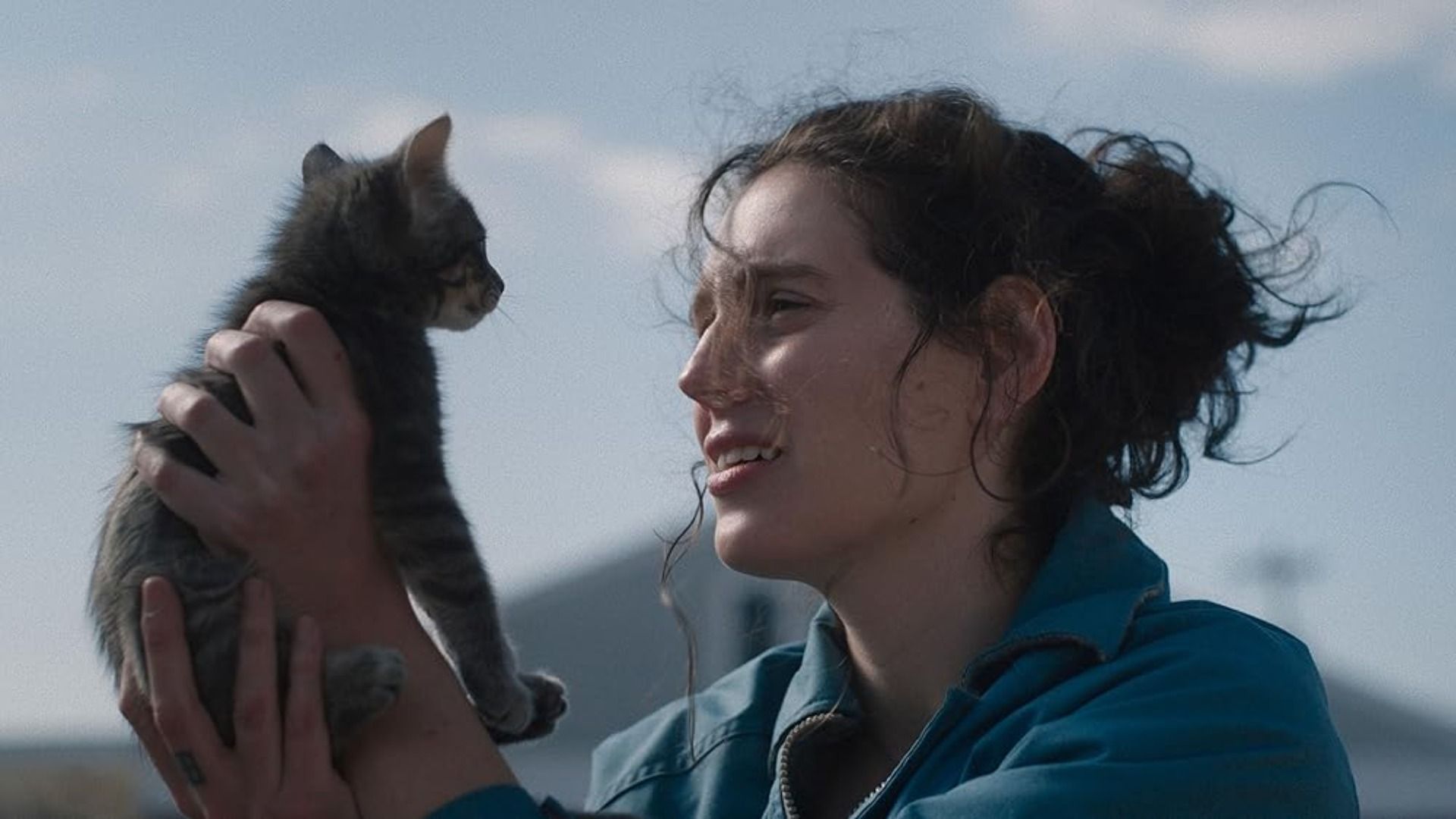 A girl in a blue jacket holds a kitten and looks at it