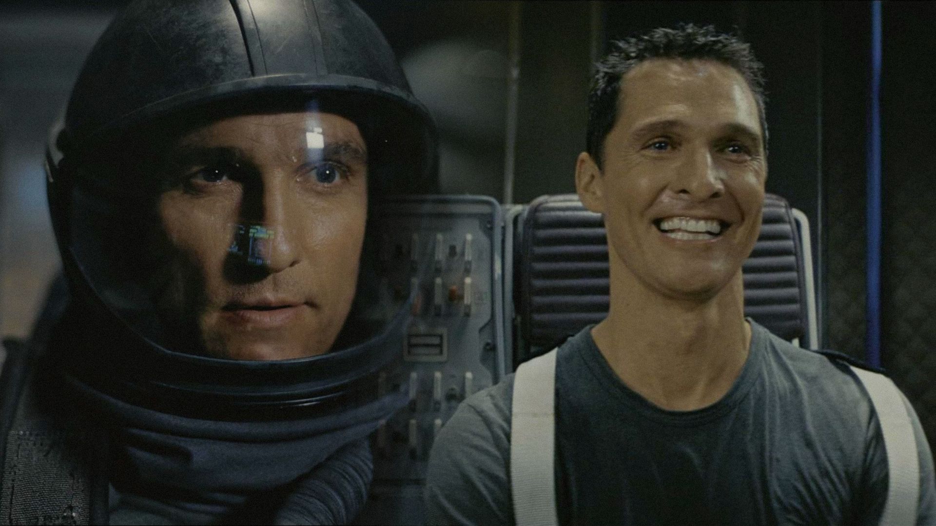 Actor Matthew McConaughey smiles in a spacesuit and without it