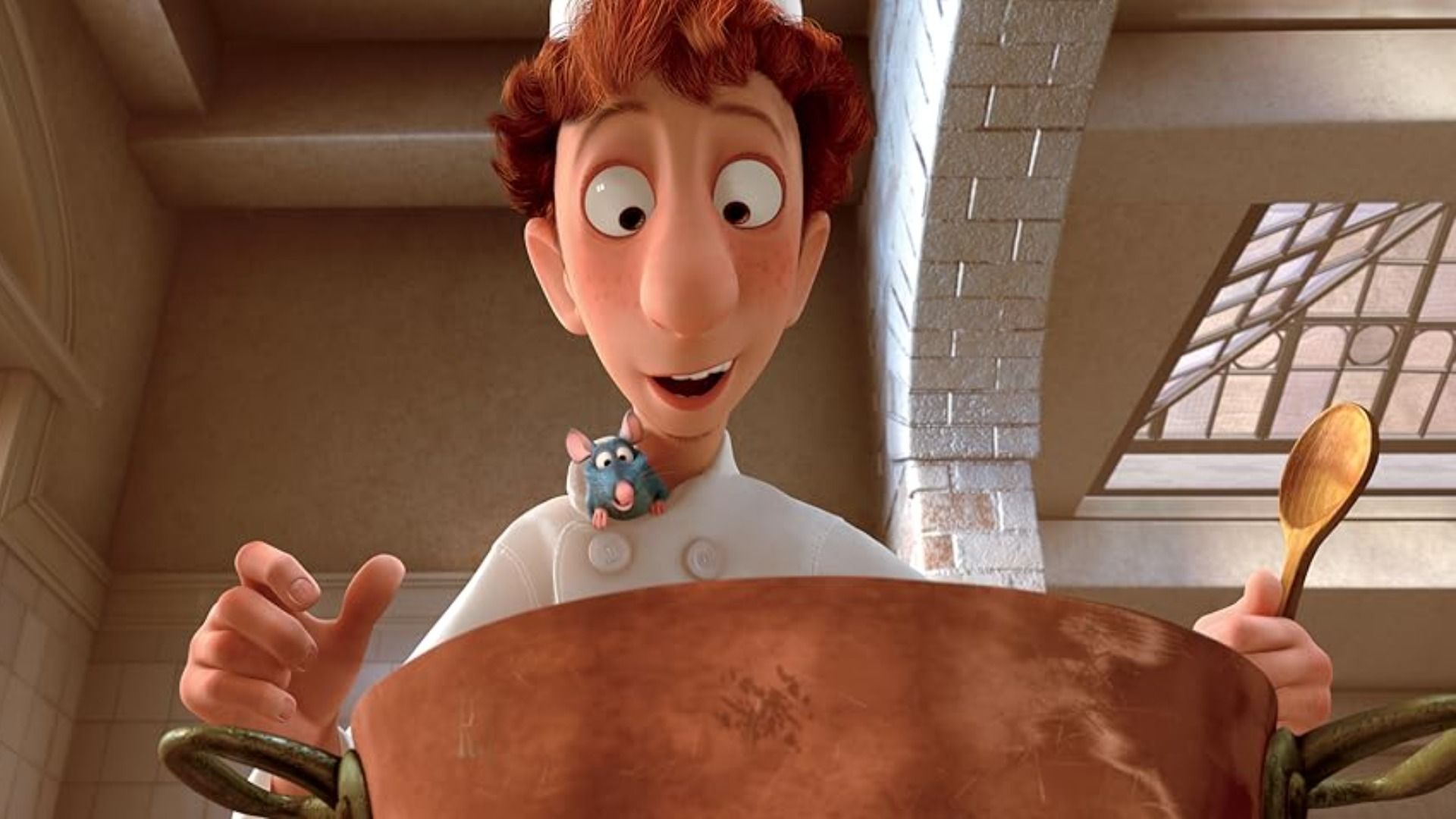 A guy in chef's clothing with a rat on his shoulder is cooking food in a pot