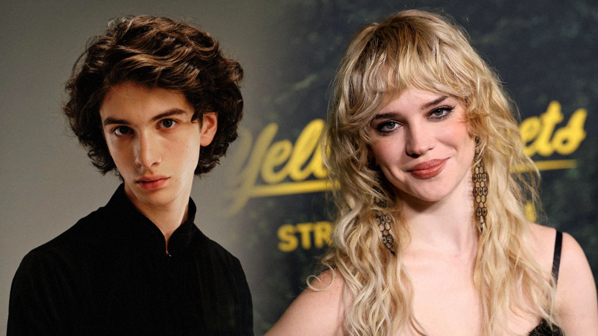 Actor Mark Edelstein in a black shirt and actress Sophie Thatcher in a black dress smiling