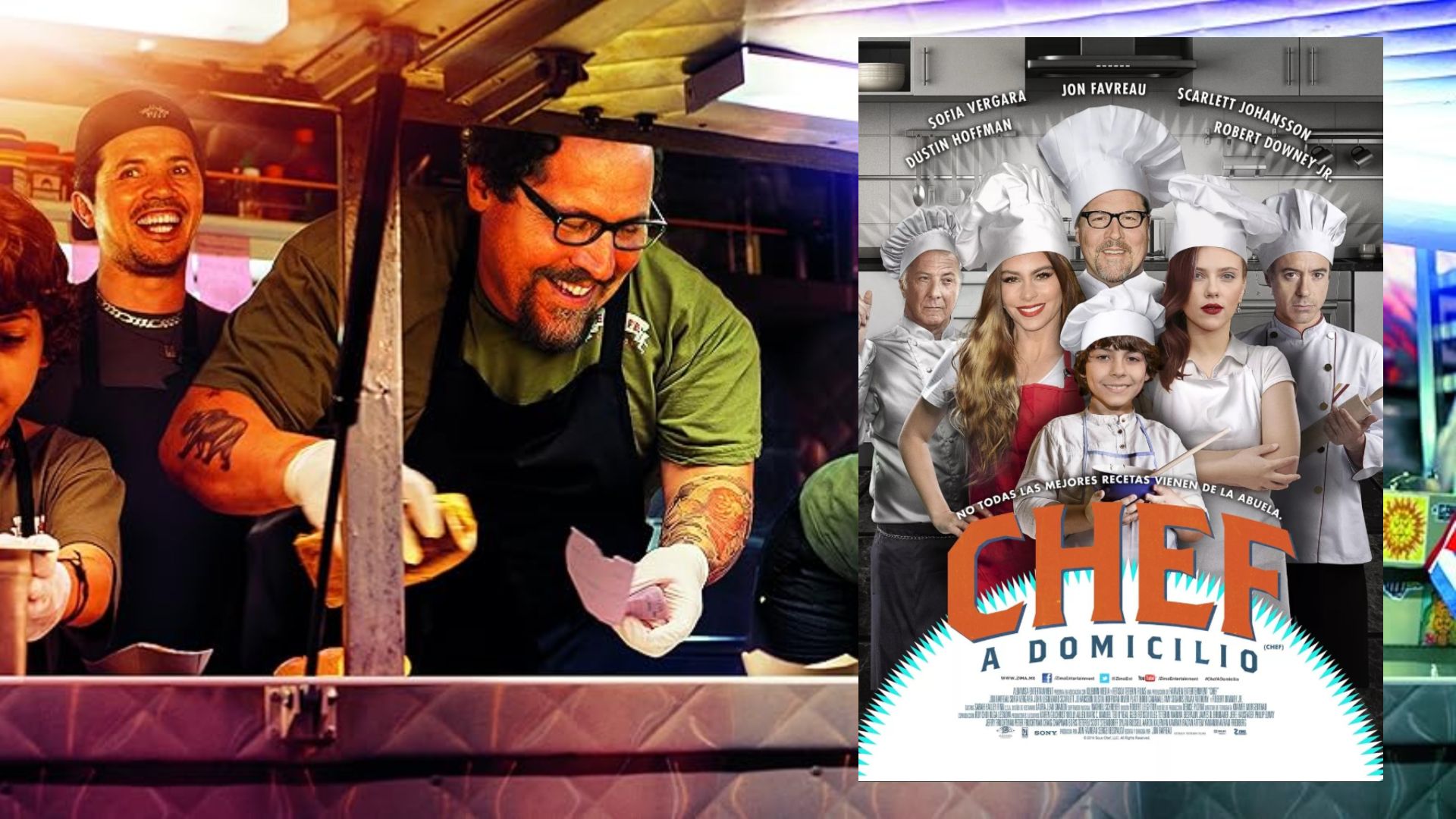 Two men cooking in a food truck, with a movie poster nearby showing actress Scarlett Johansson wearing a chef's hat