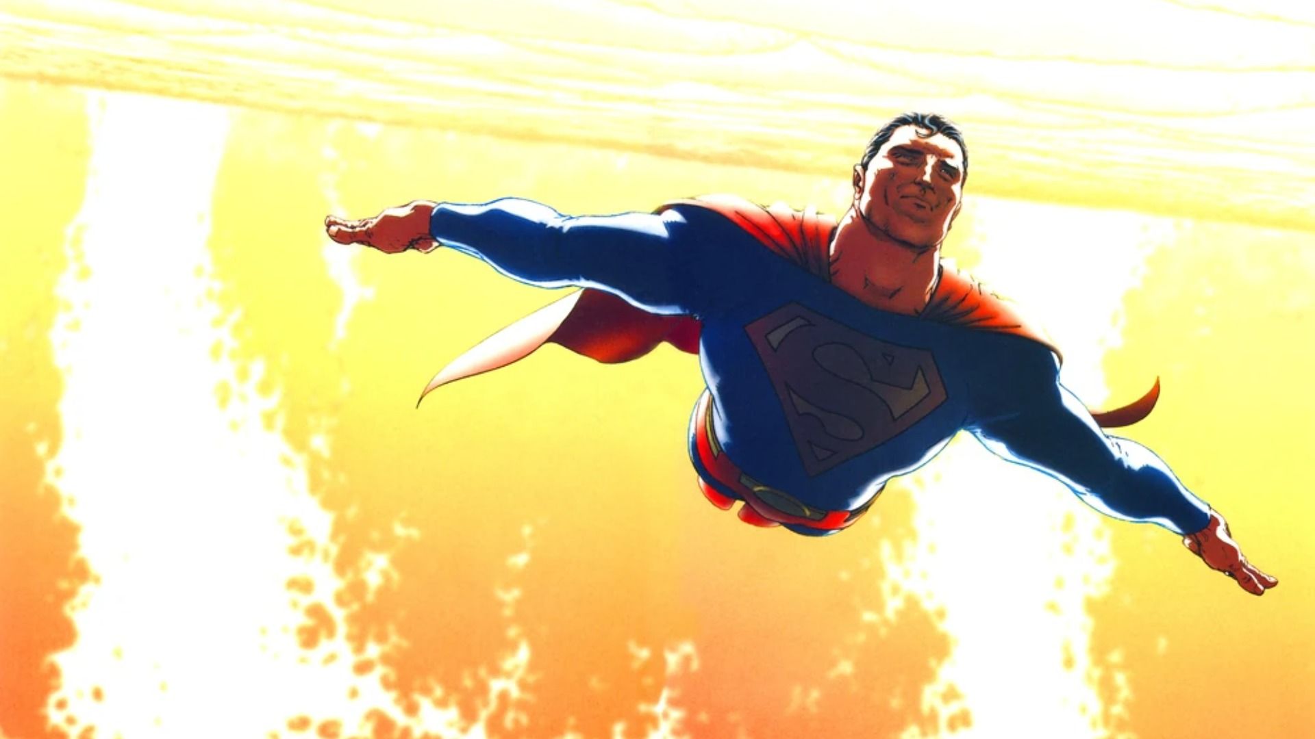 A superhero in a blue and red costume flies toward the sun