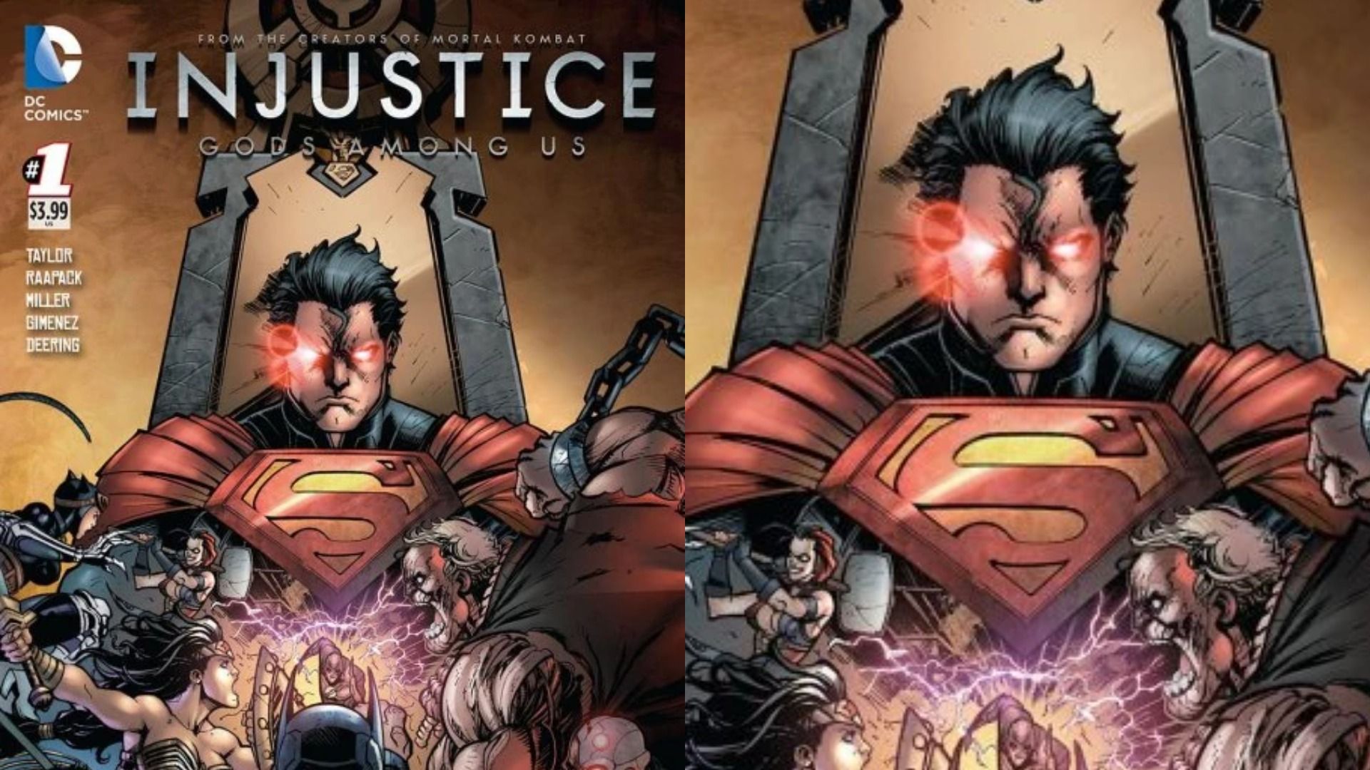 A superhero in a blue-red costume sits on a stone throne with a malevolent expression on his face
