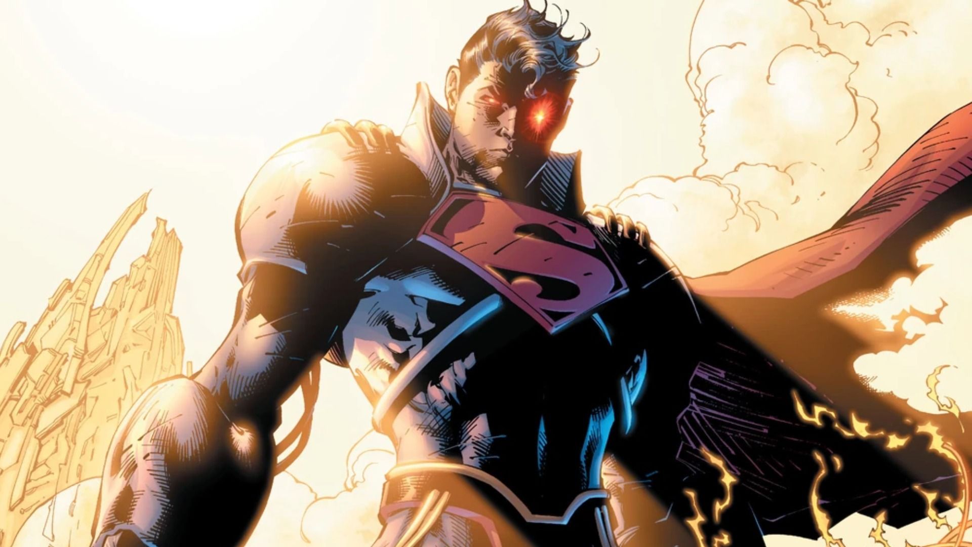 A superhero in a blue-red costume with a glowing red eye stands against a yellow background