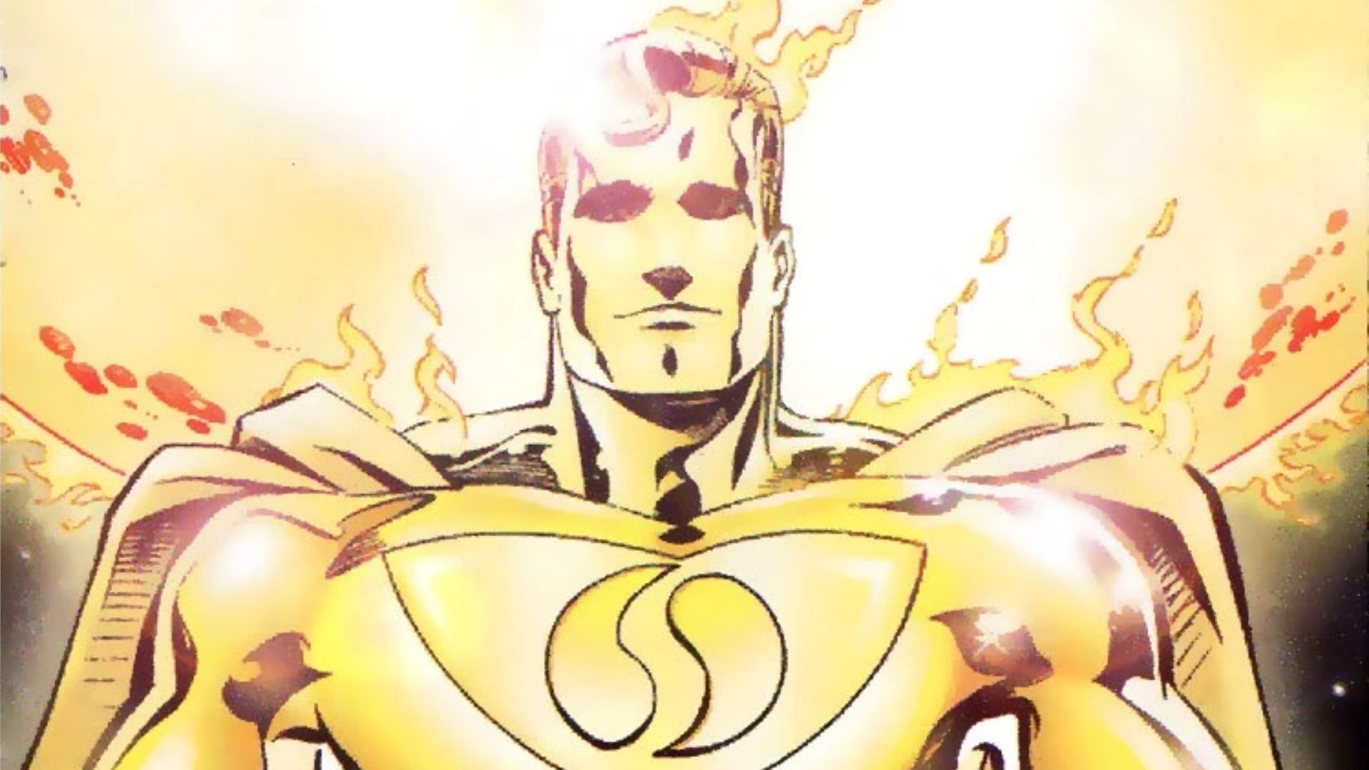 A superhero in a golden costume with flames on the shoulders