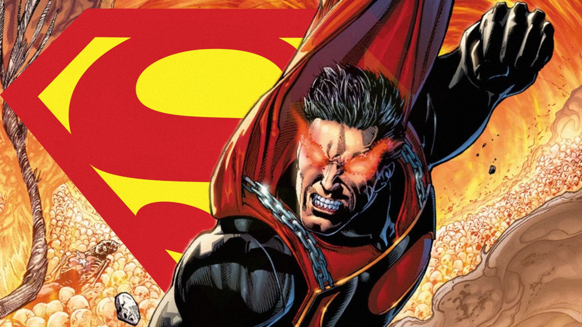 A superhero in a red and black costume with glowing red eyes