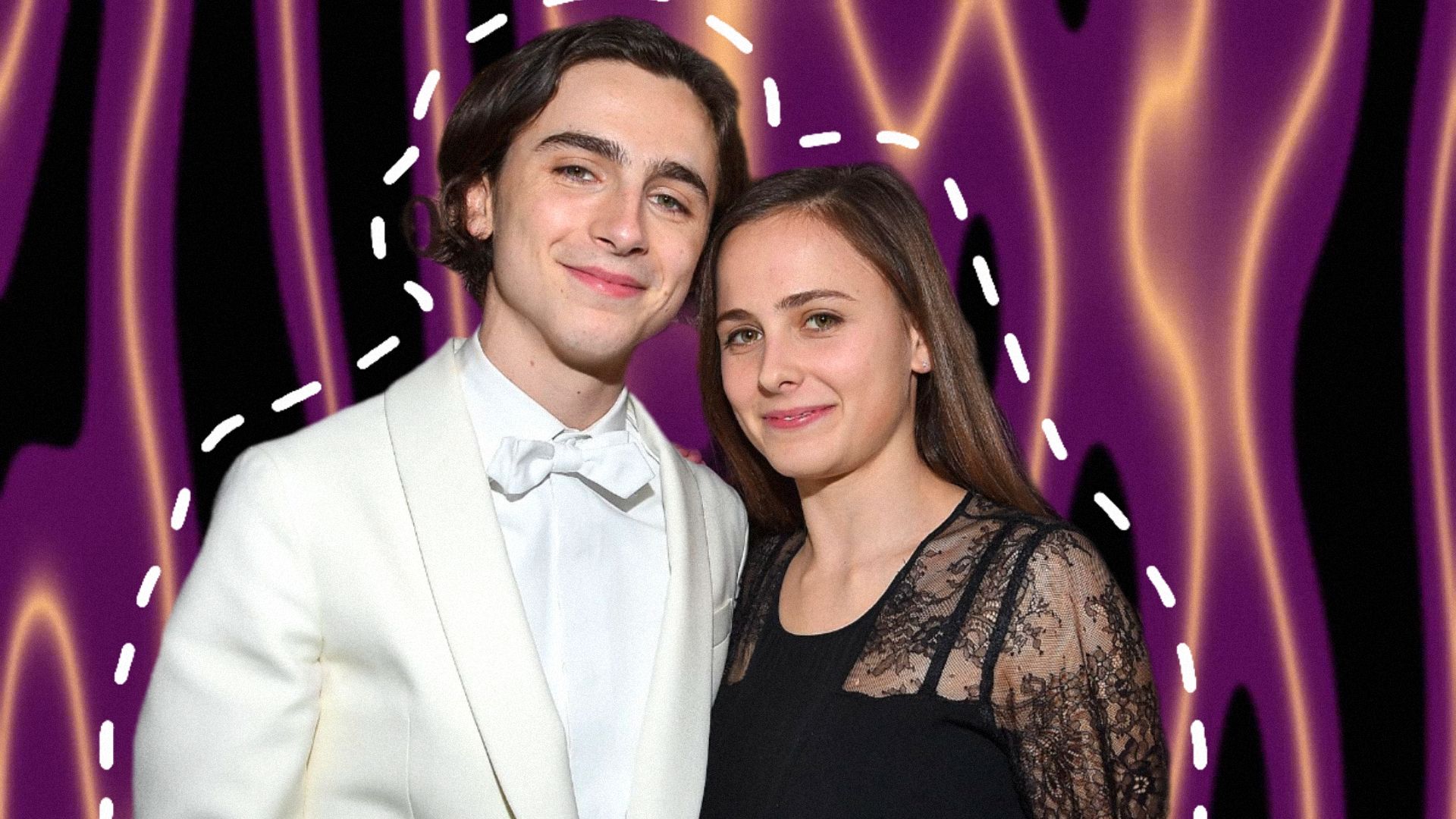 Actor Timothée Chalamet in a white blazer next to his sister, actress Pauline Chalamet in a black dress