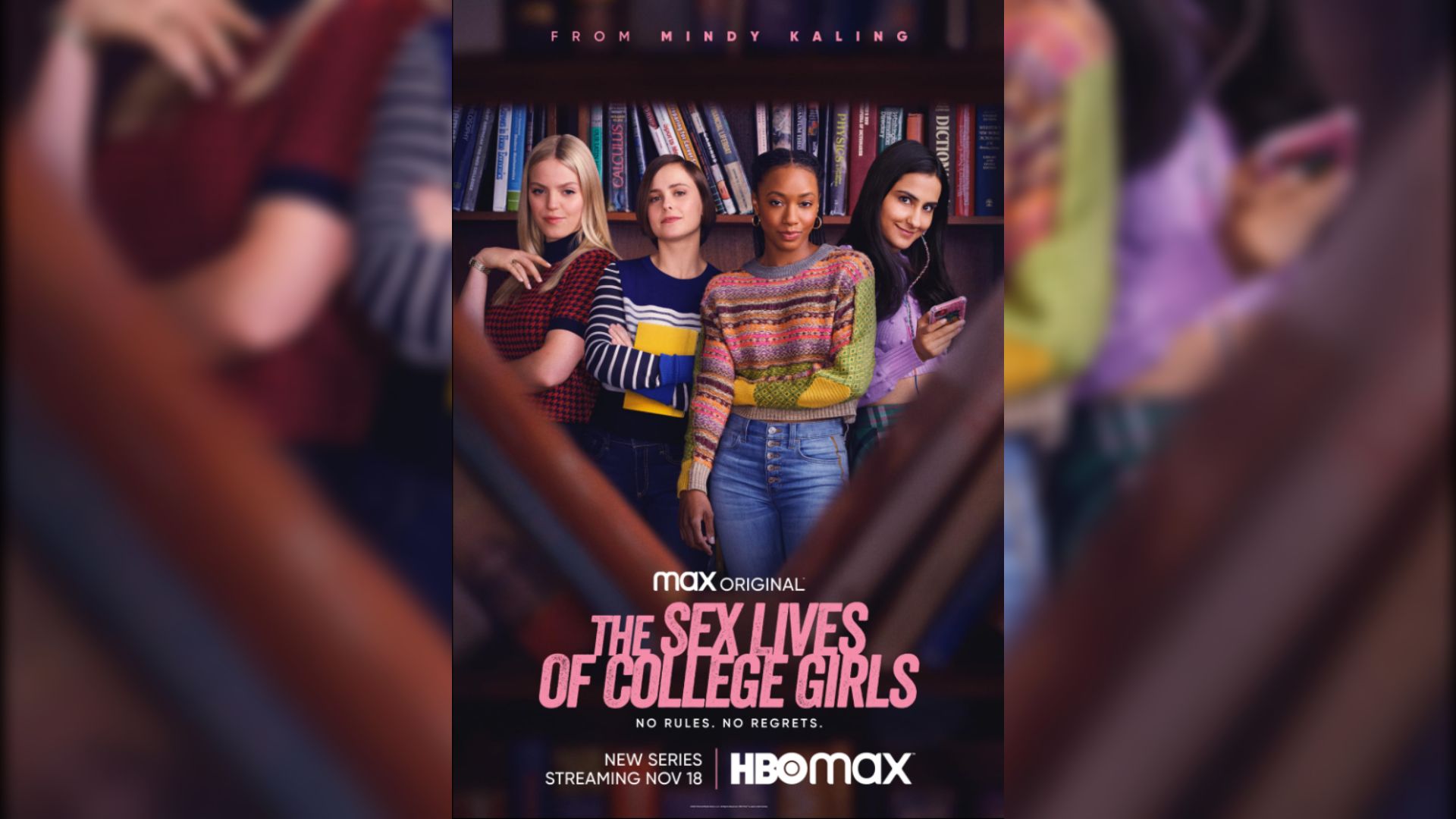 Actress Pauline Chalamet in a blue and white sweater stands with three girls against a backdrop of bookshelves