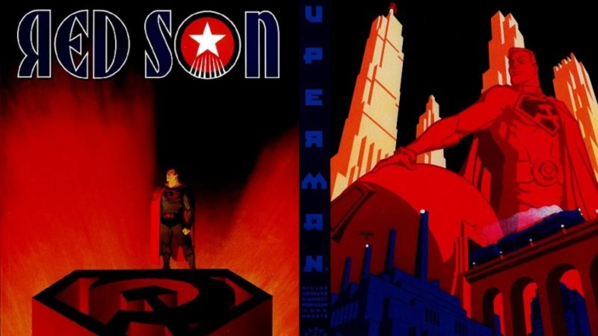 Superman comic book covers where the superhero stands on a pedestal shaped like a hammer and sickle