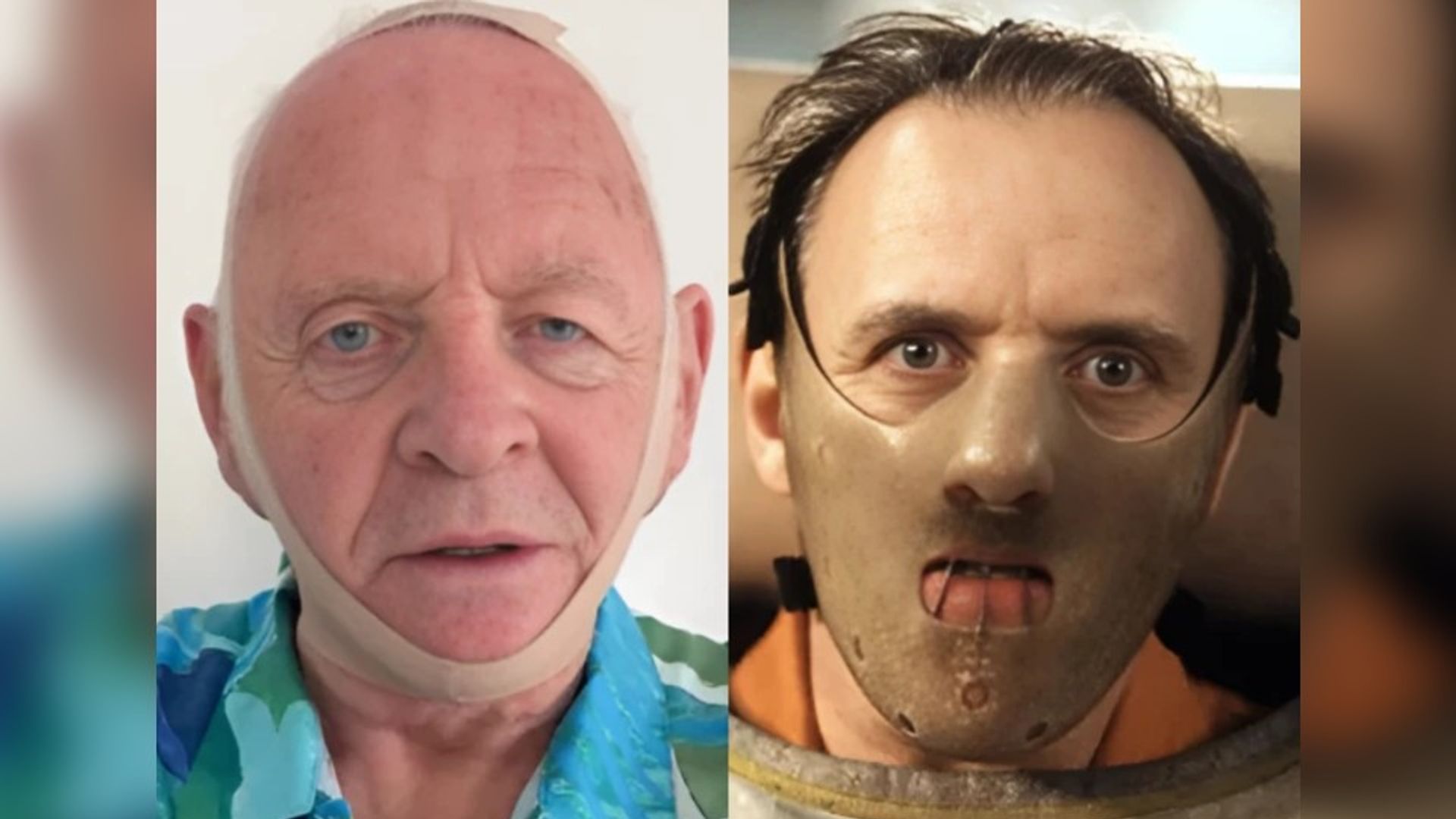 On the left Anthony Hopkins in a bandage mask now, on the right a shot of his character from "The Silence of the Lambs" in a mask