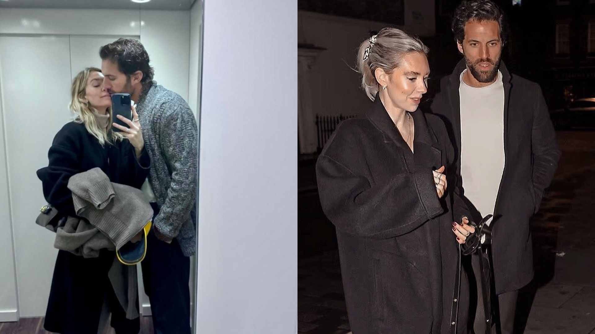 Vanessa Kirby and Paul Rabil on the left in an elevator, the man kissing the woman, on the right walking together down the street in the evening