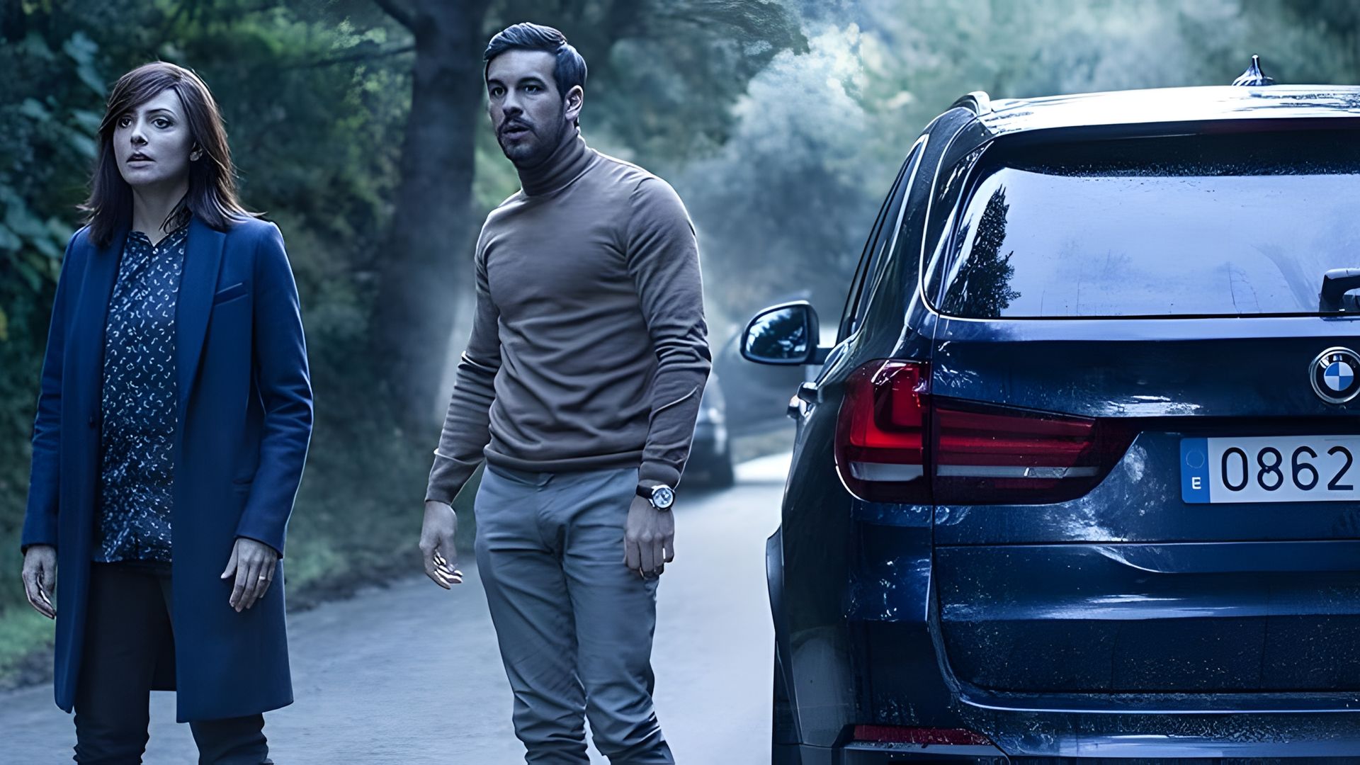 Mario Casas and Ana Wagener with surprised expressions standing on the street, cold color palette