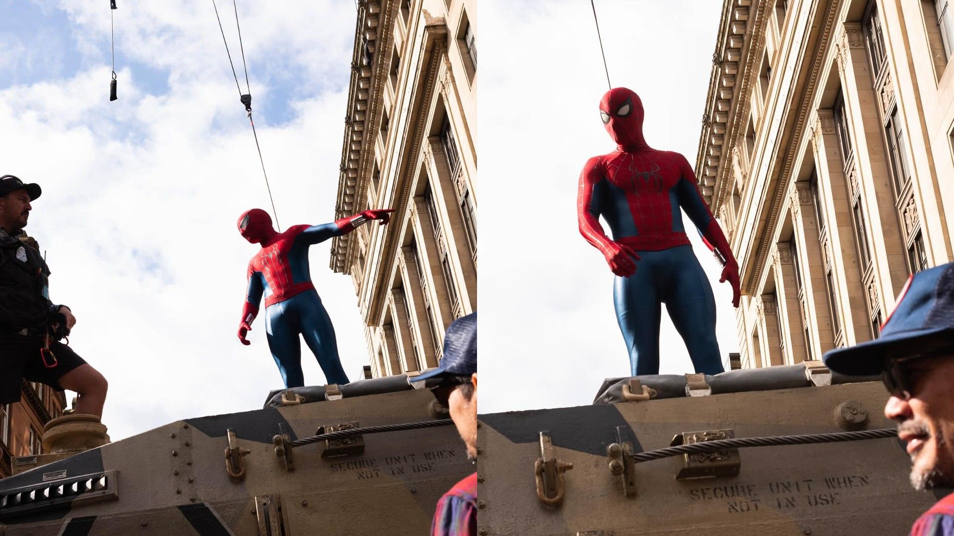 Tom Holland in Spider-Man costume on movie set