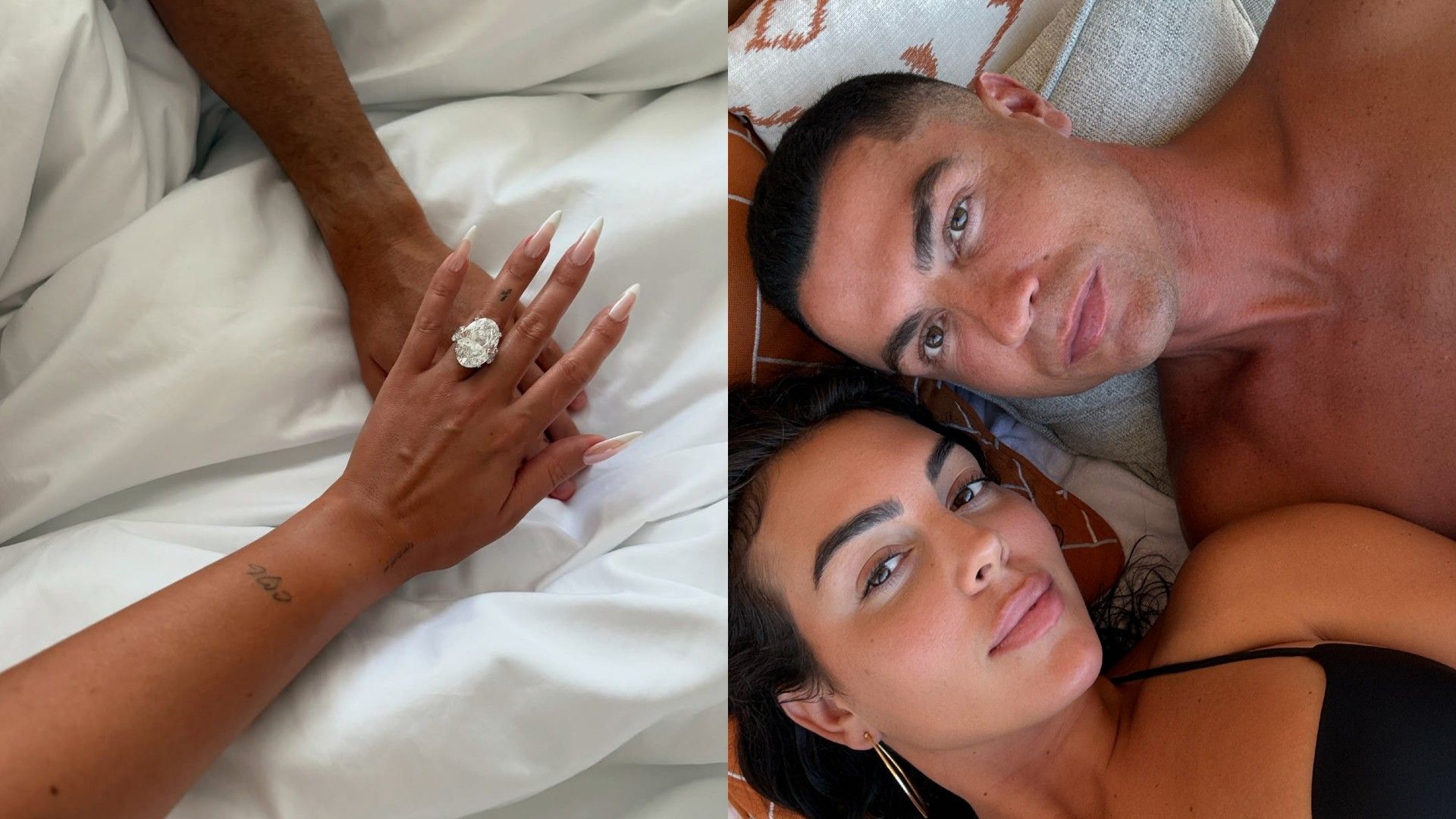 On the left, a woman's hand with a large diamond ring, on the right, a selfie of Georgina Rodriguez and Cristiano Ronaldo