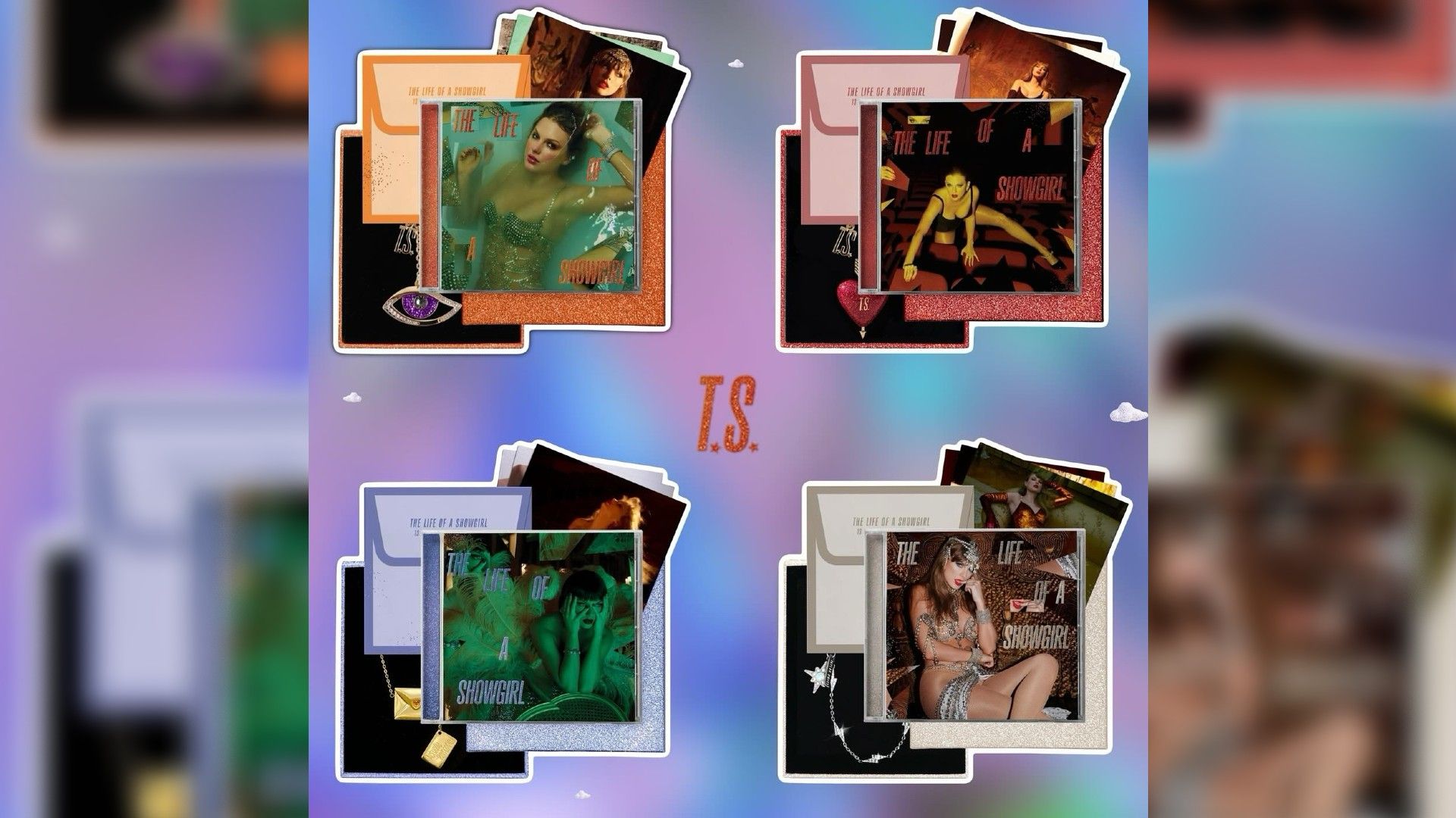 4 design variants of Taylor Swift's The Life of a Showgirl album cover