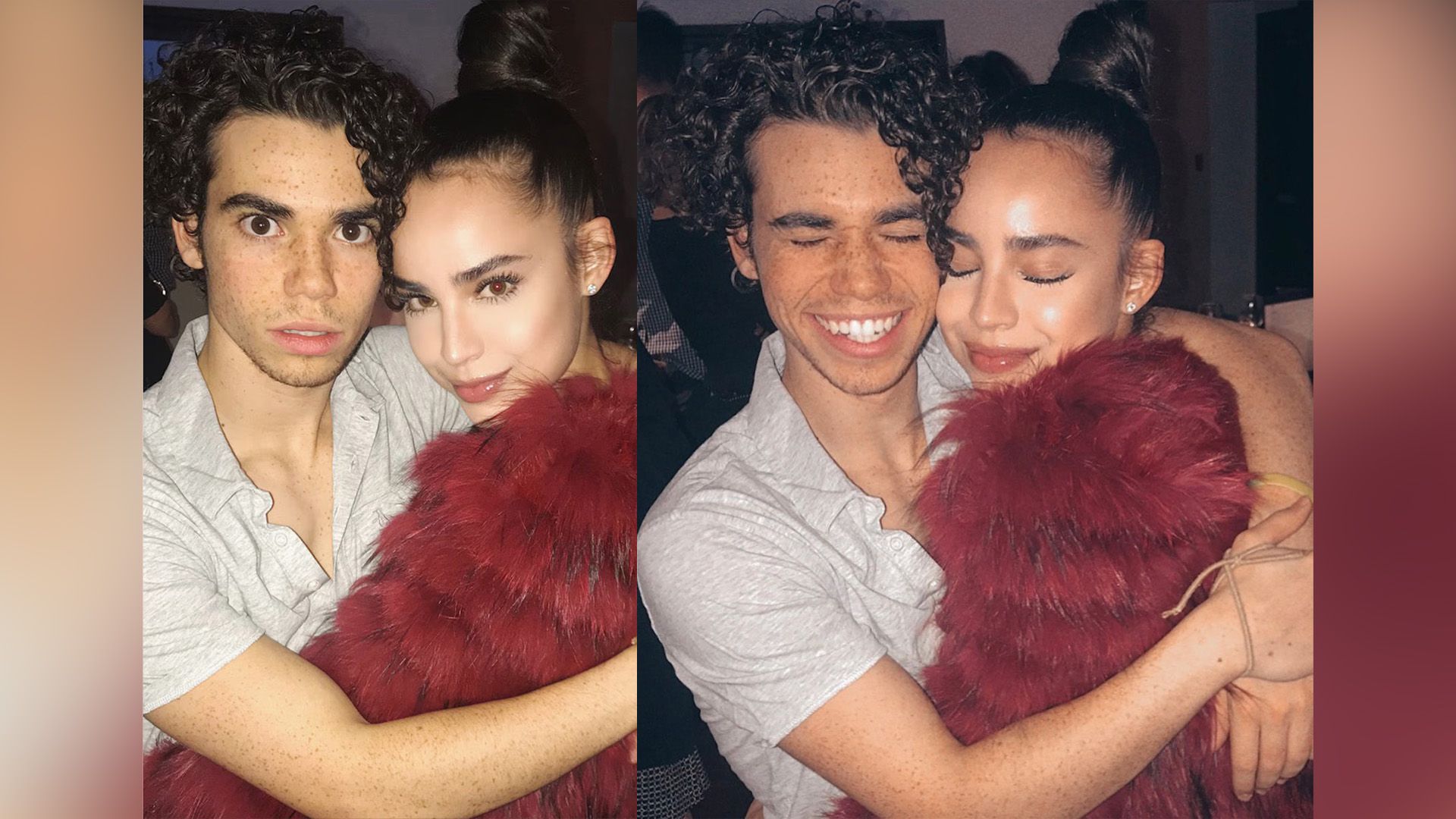 Sofia Carson and Cameron Boyce hugging and laughing
