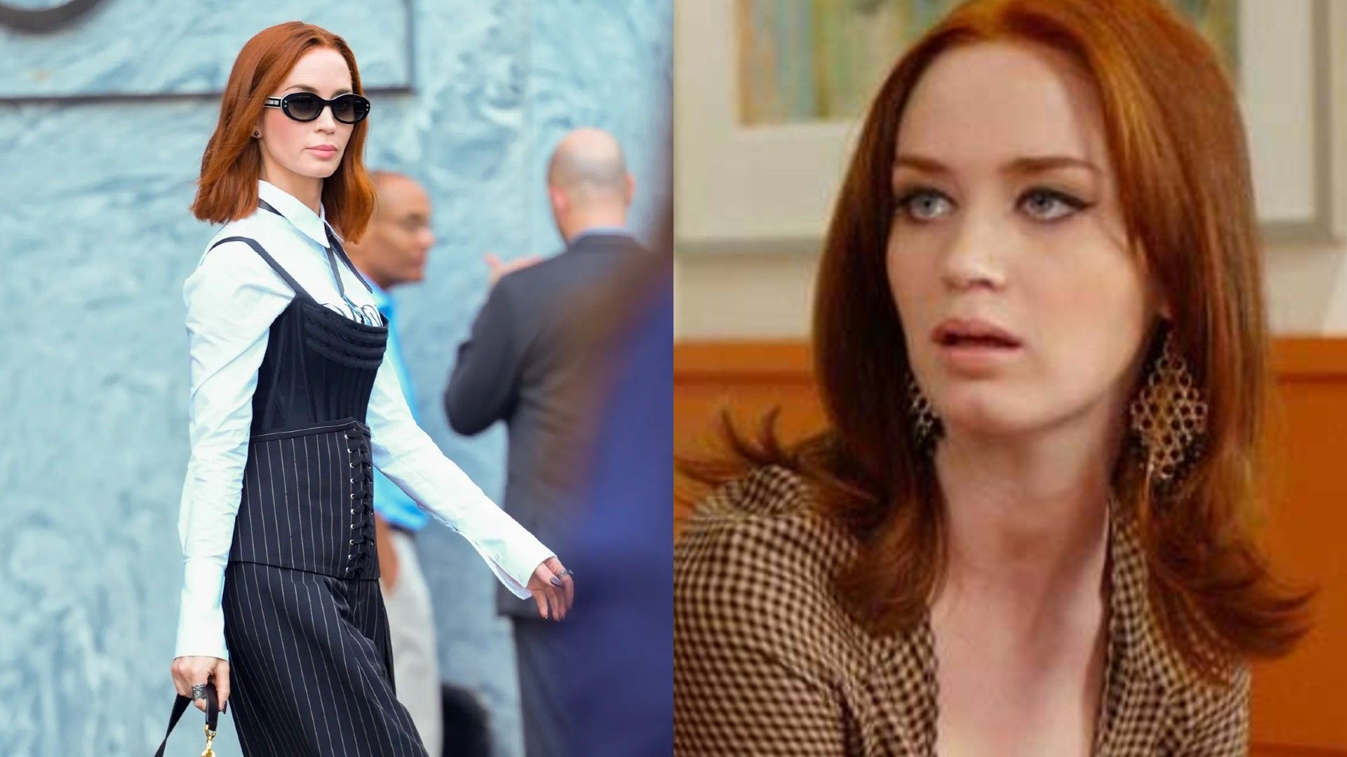 Emily Blunt, collage of two photos: walking down the street, scene from "The Devil Wears Prada"