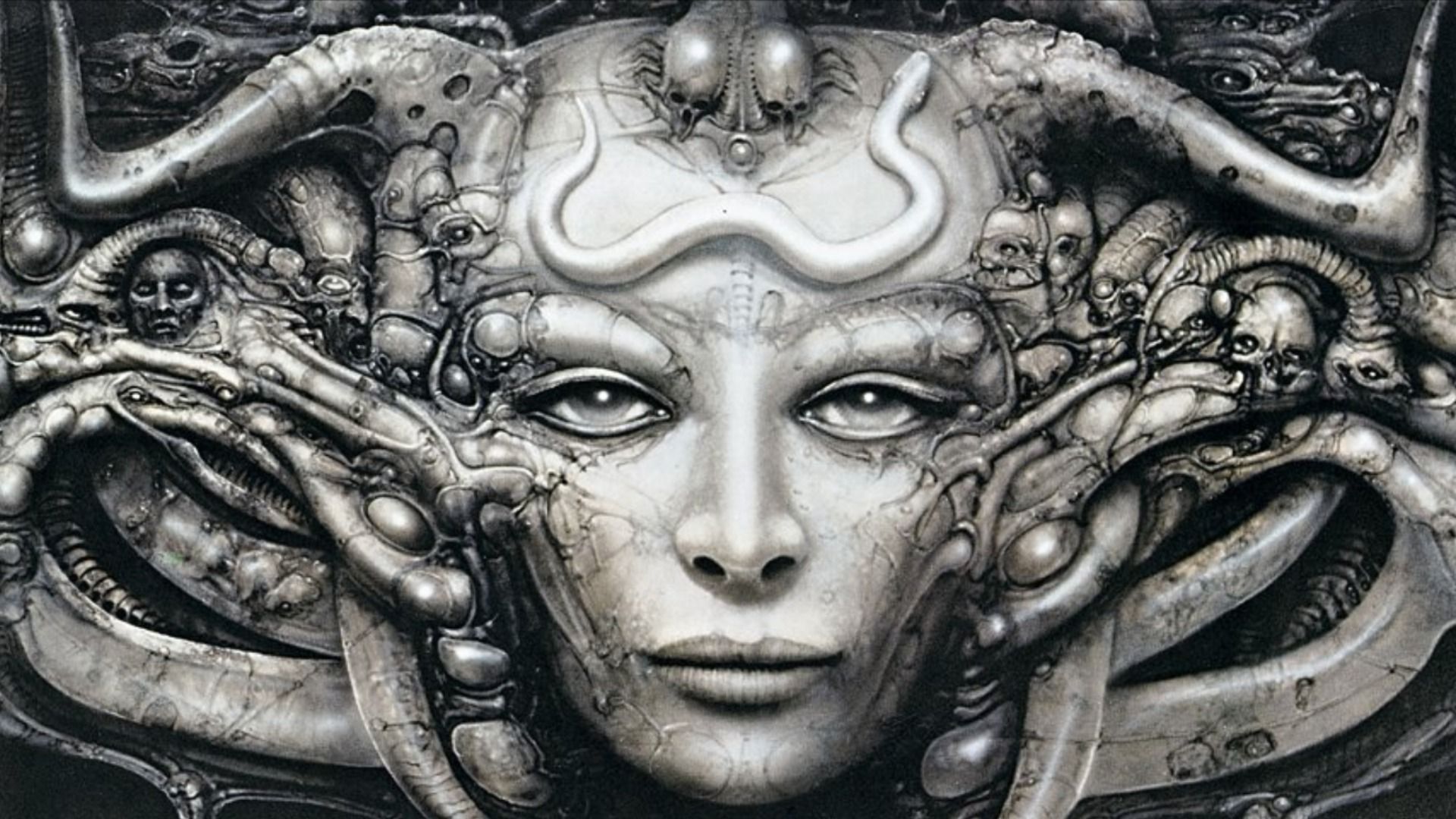 Futuristic girl's face with intertwining mechanical structures