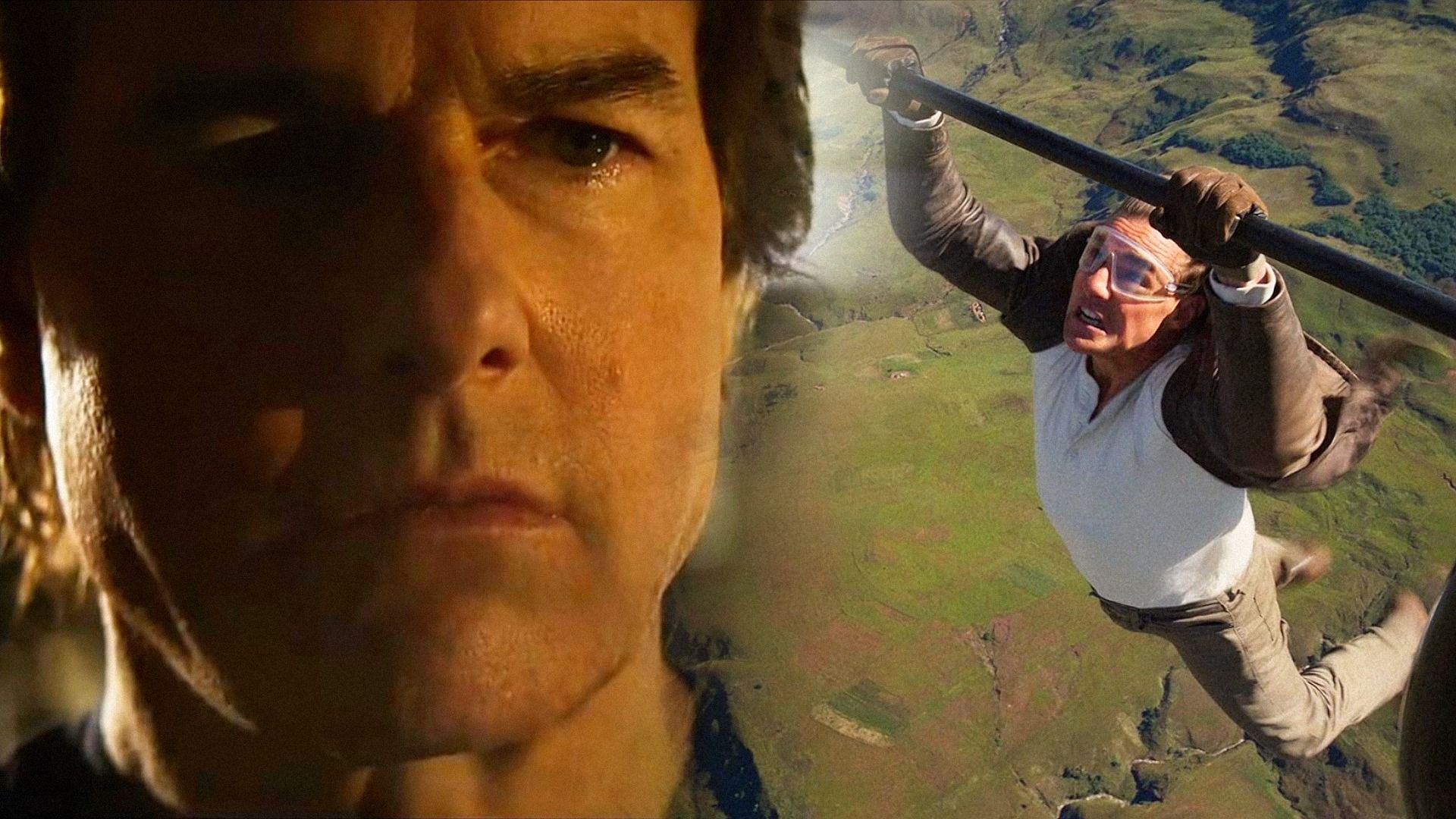 Tom Cruise with a tear in his eye, and also in a leather jacket, clinging to a flying plane