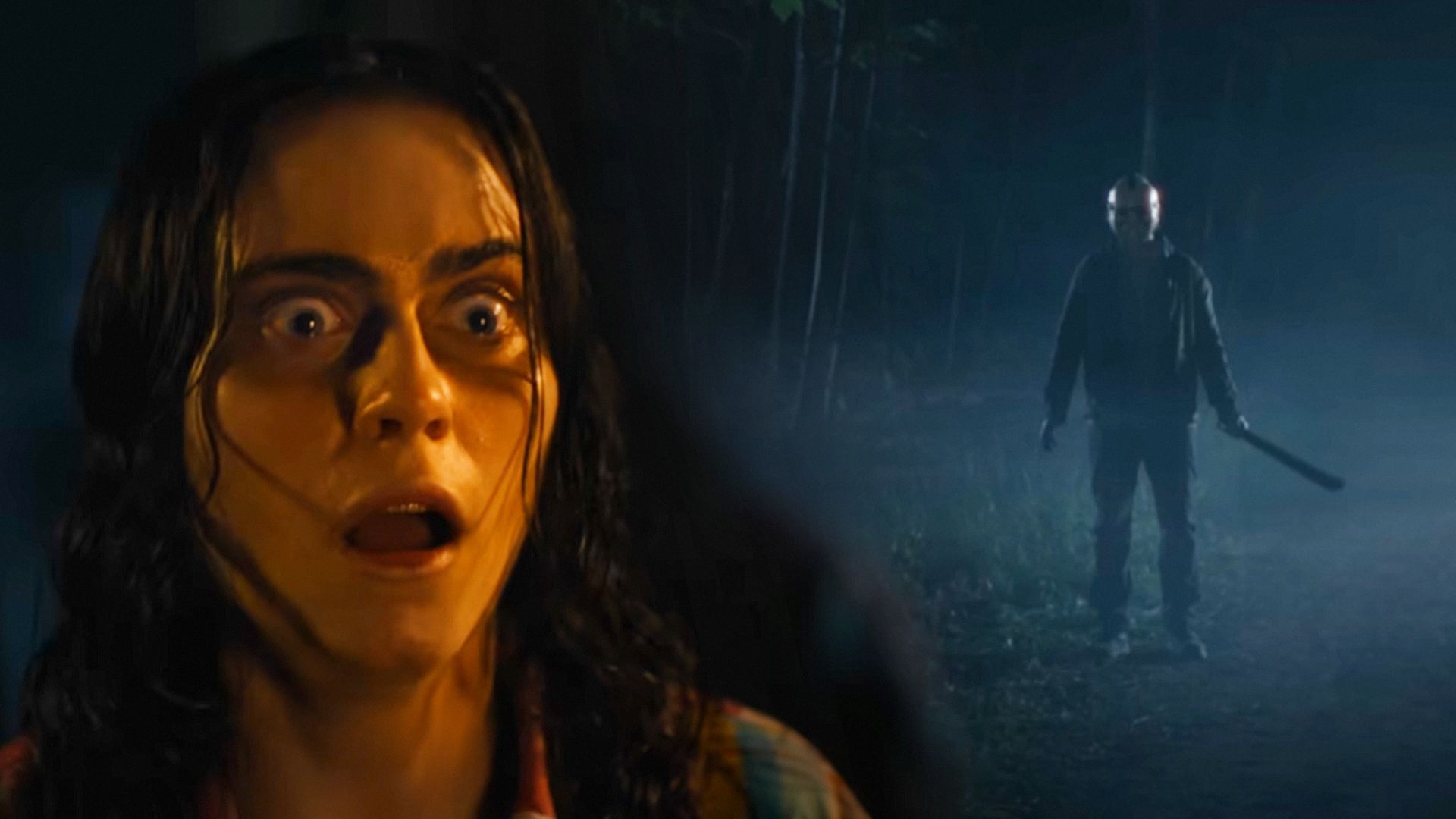 A frightened girl's face with a man in a white mask holding a knife on the right