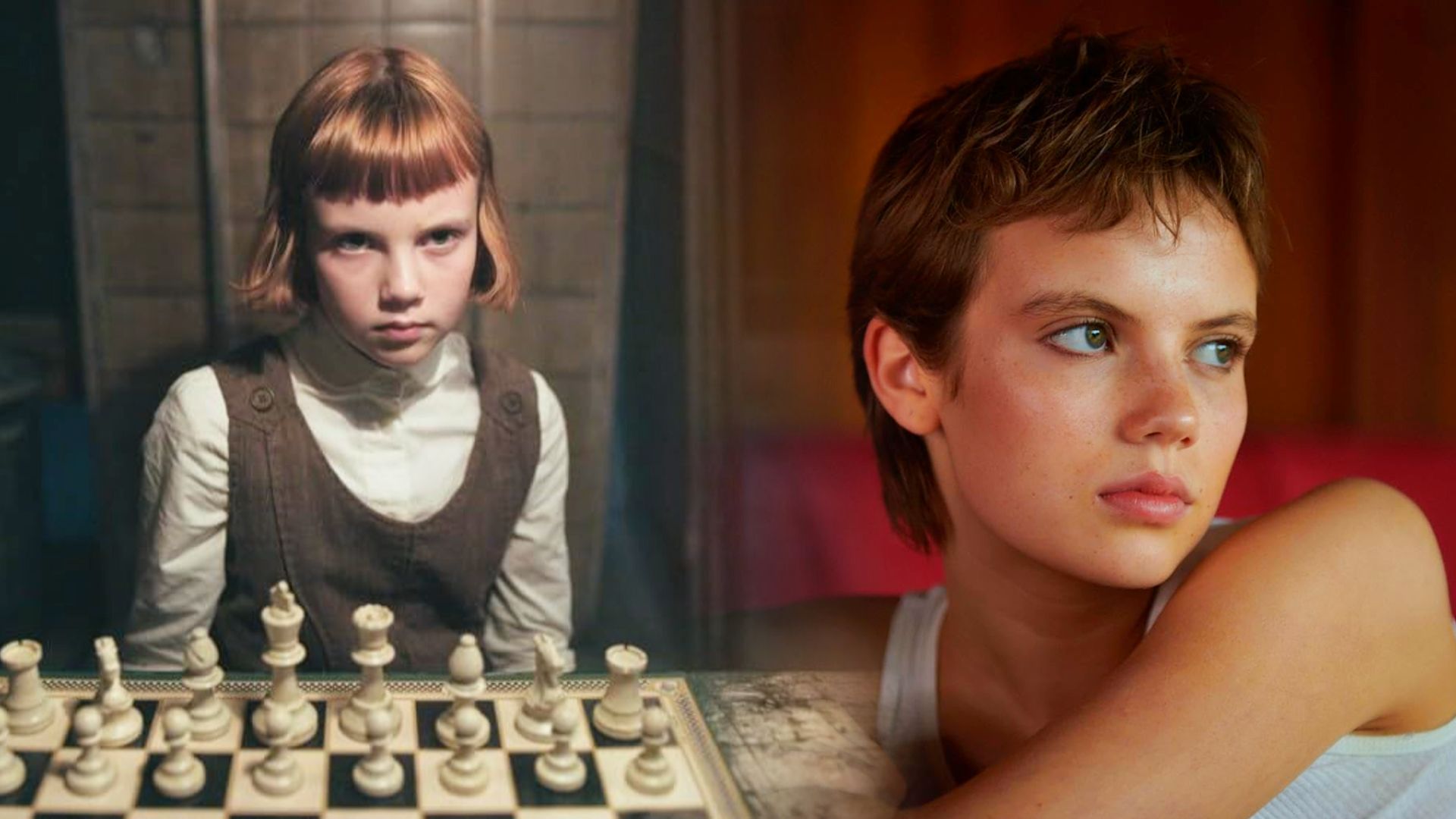 A girl with red hair wearing a white shirt sits at a chess board