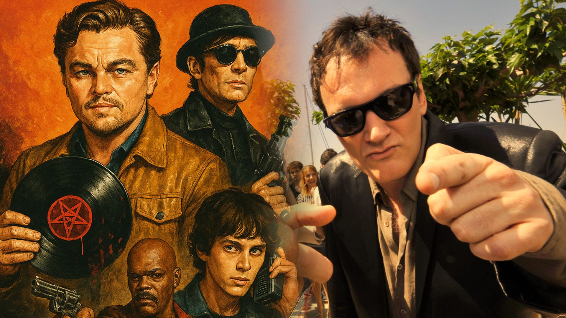 Director Quentin Tarantino in a leather jacket and glasses, next to a movie poster showing Leonardo DiCaprio holding a record