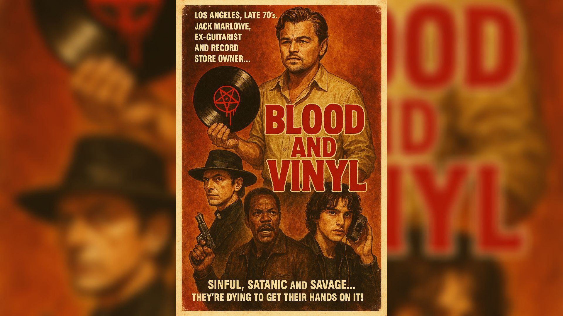 Illustrated actor Leonardo DiCaprio holding a vinyl record
