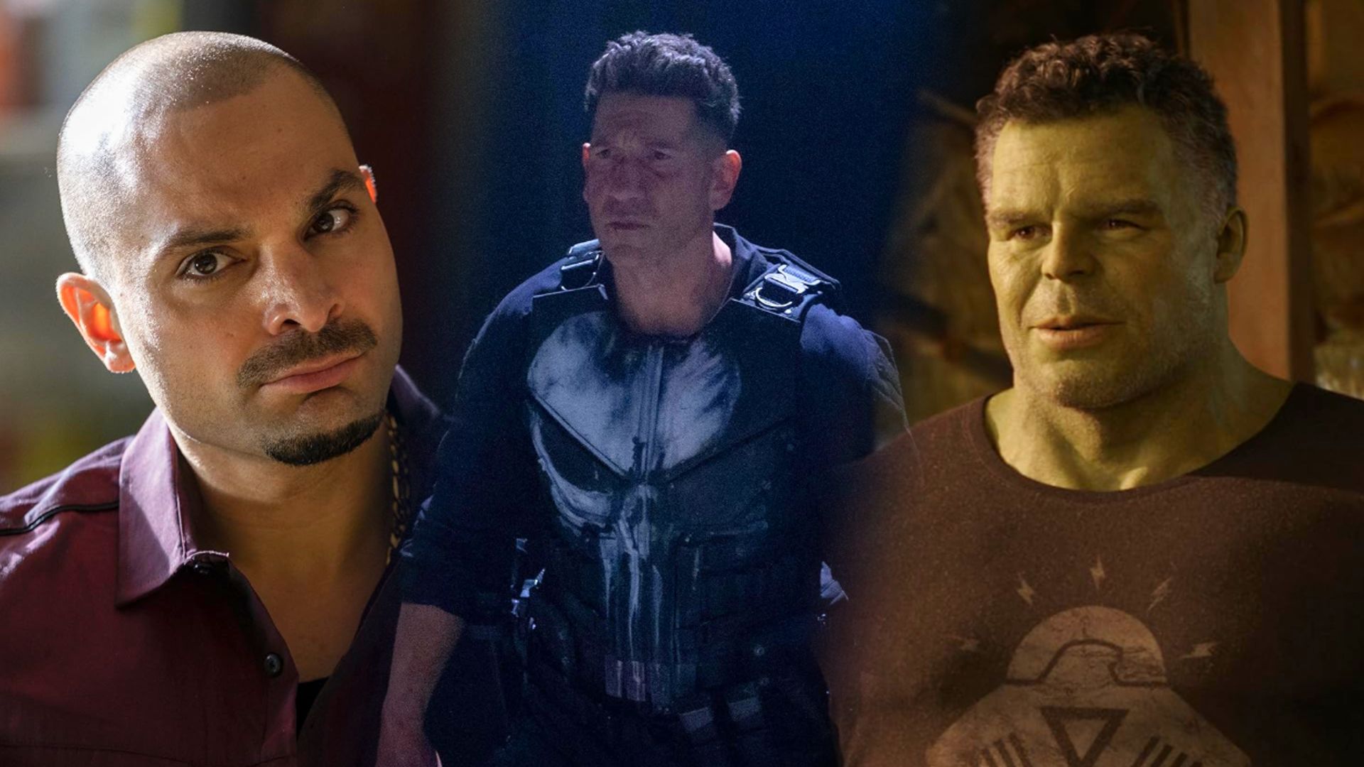 Actor Michael Mando in a red shirt, Jon Bernthal in a black bulletproof vest, Mark Ruffalo as the green monster