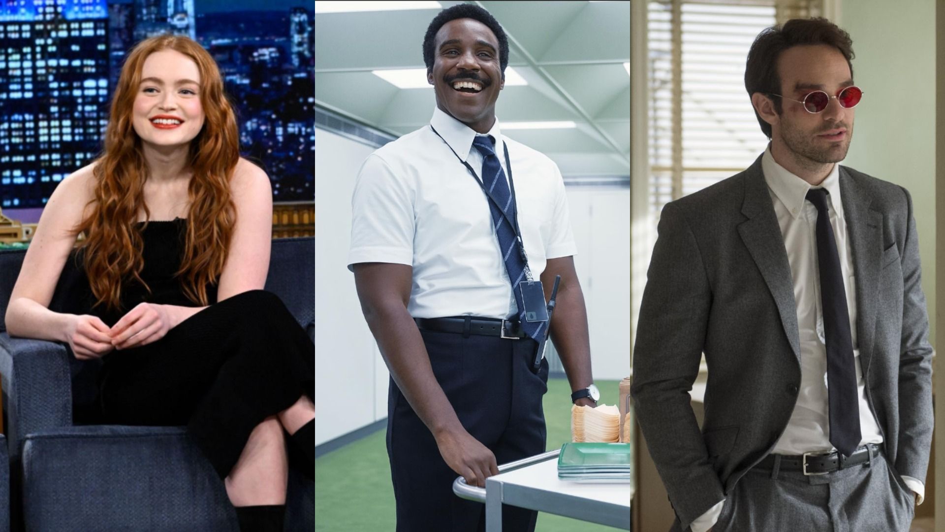 Actors Sadie Sink in a black dress, Tramell Tillman in a white shirt and Charlie Cox in a gray suit