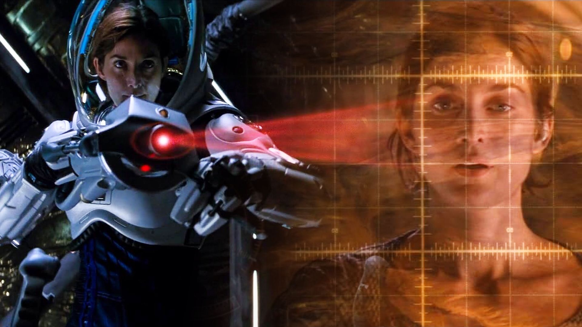 Actress Carrie-Anne Moss in a futuristic spacesuit fires a laser weapon