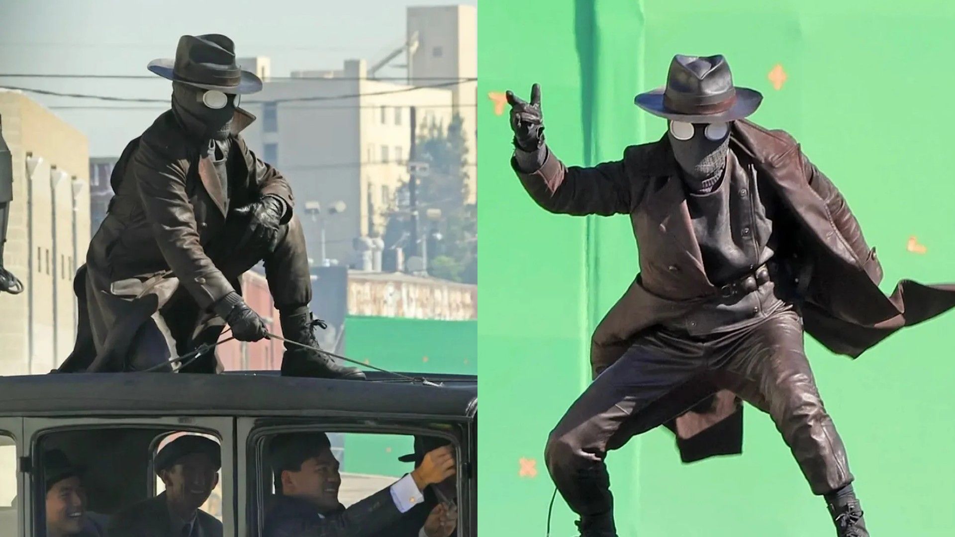 Nicolas Cage in Spider-Man Noir costume on set wearing a leather coat and hat