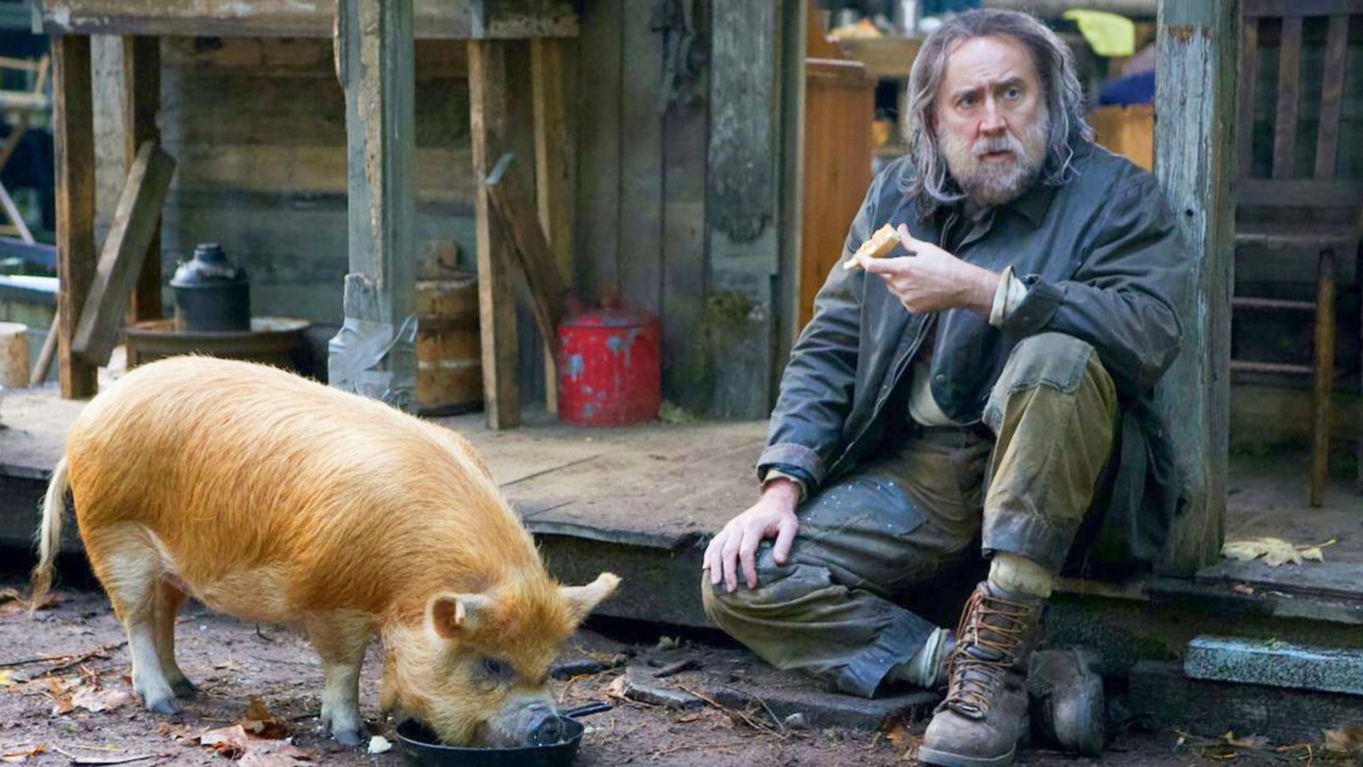 Nicolas Cage with a beard sits on a house porch with food in his hand next to a pig eating from a bowl