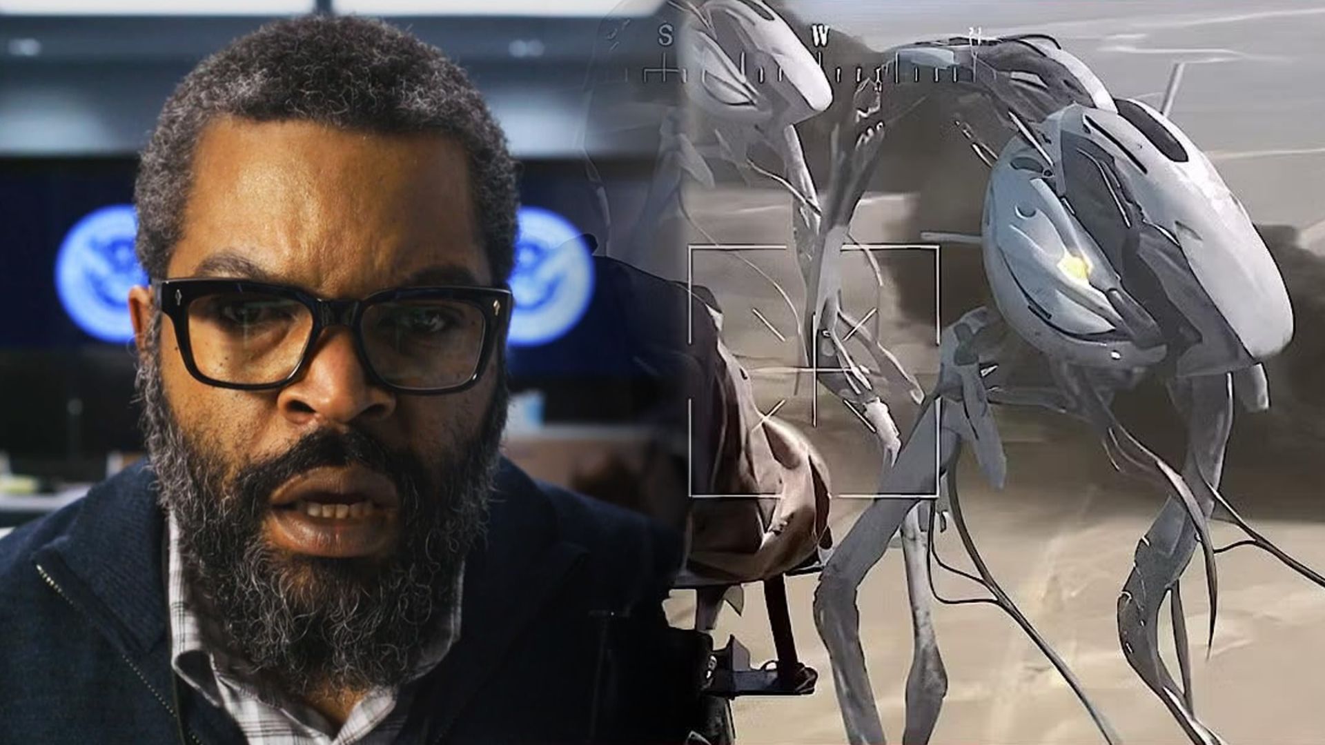 Actor and rapper Ice Cube wearing glasses, on the right a photo of an iron creature with three legs