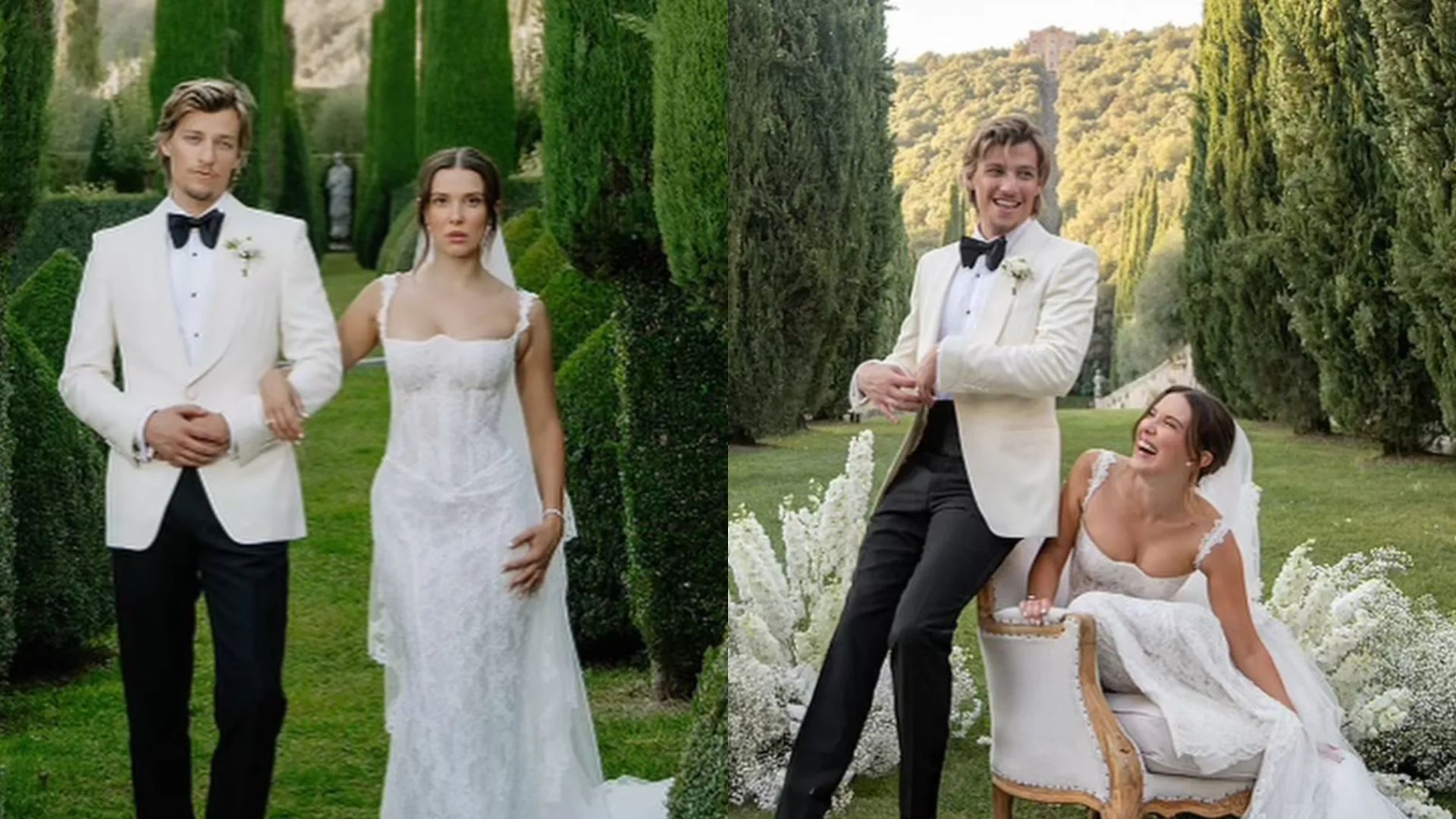 Millie Bobby Brown and Jake Bongiovi in wedding photos: the groom in a white tuxedo and bride in a lace white dress posing in a garden