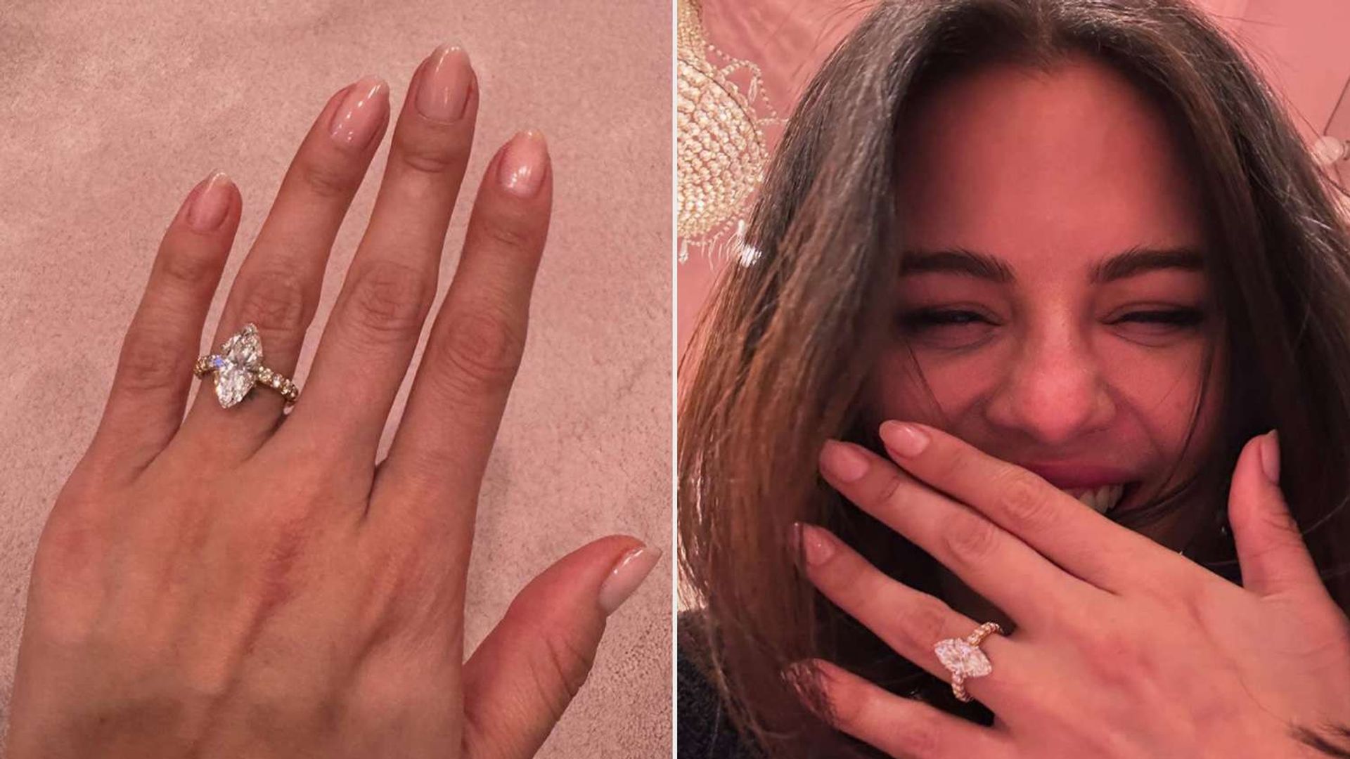 Selena Gomez shows off a ring with a large diamond on her hand, in the second photo she's smiling while covering her mouth with the hand wearing the ring