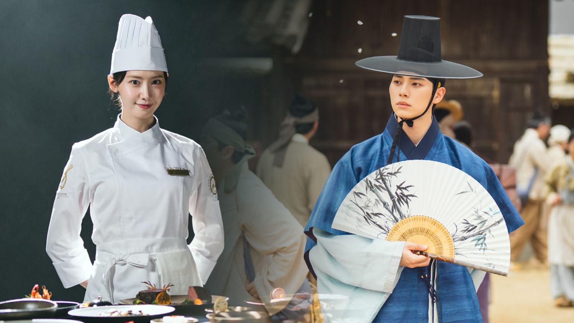 A girl in chef's clothing stands at a table, with a man in traditional Korean costume wearing a hat on the right