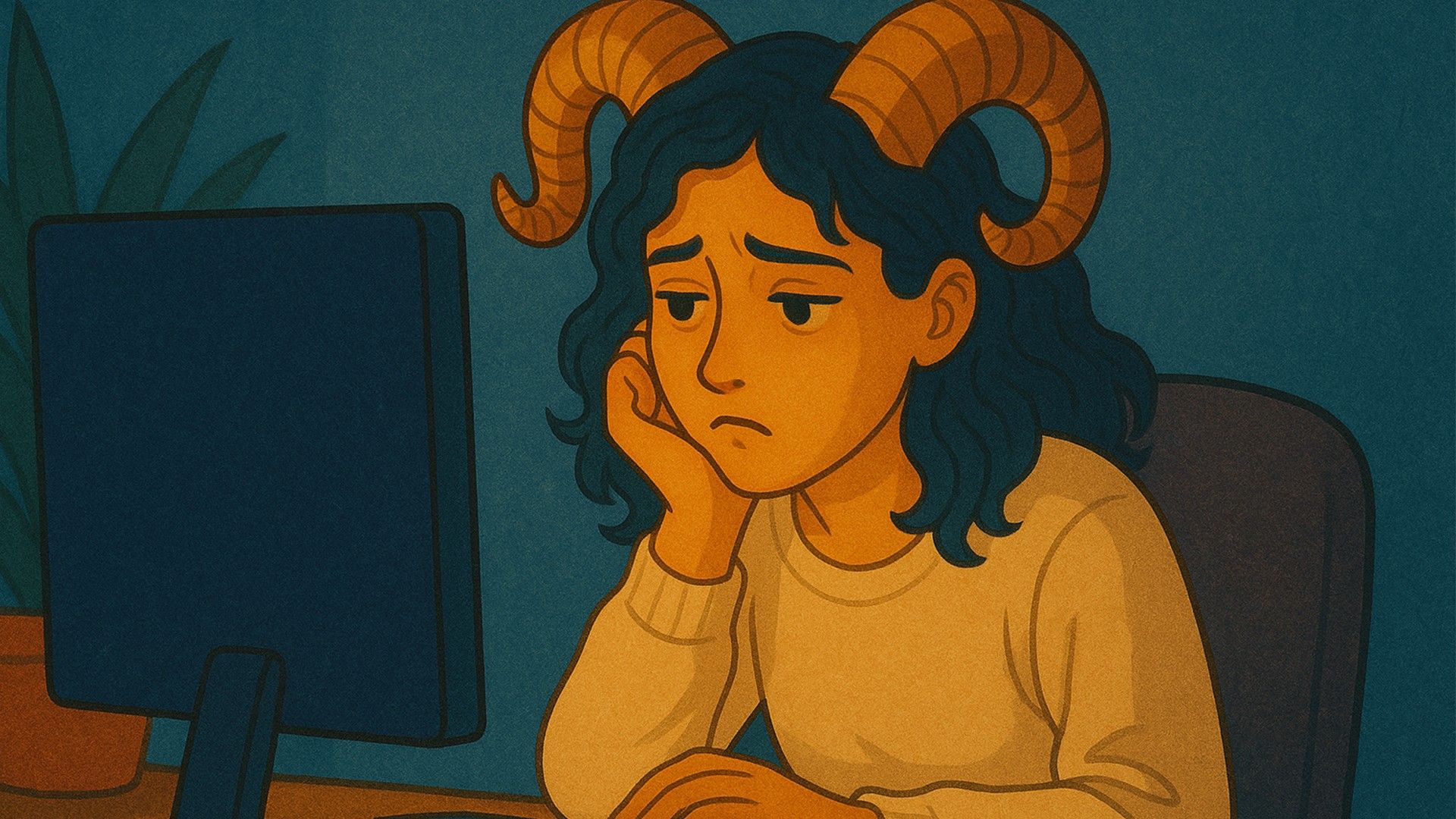 An Aries woman sits at her monitor looking bored