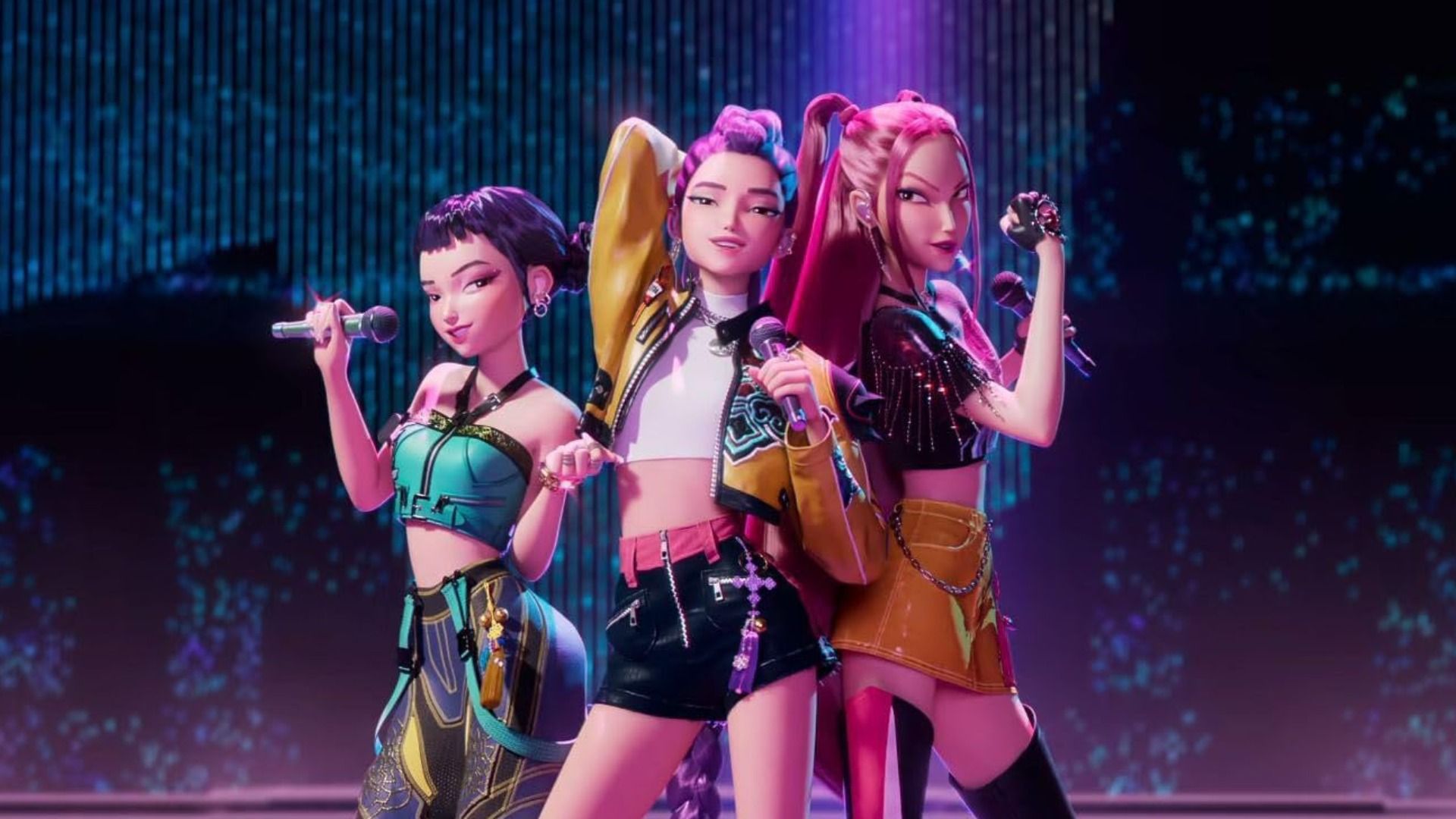 Three cartoon girls in colorful clothing standing on stage with microphones
