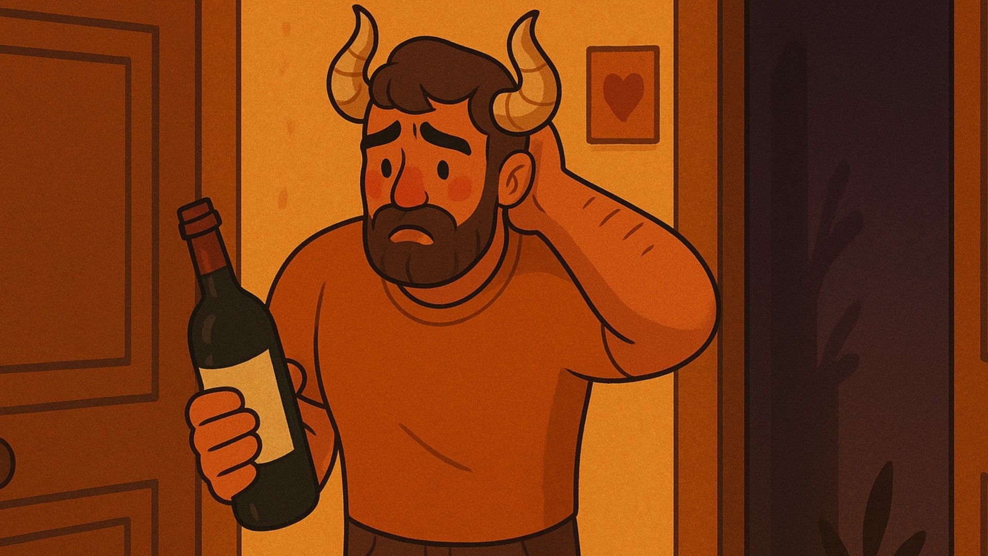 A Taurus man with a bottle of wine in his hand hesitates at the door