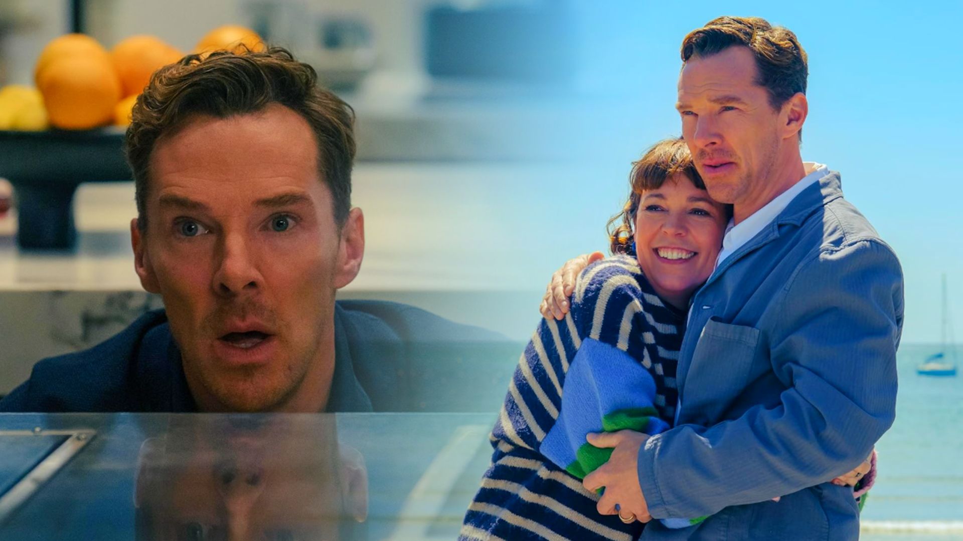 Actor Benedict Cumberbatch in a blue blazer embraces actress Olivia Colman in a striped sweater