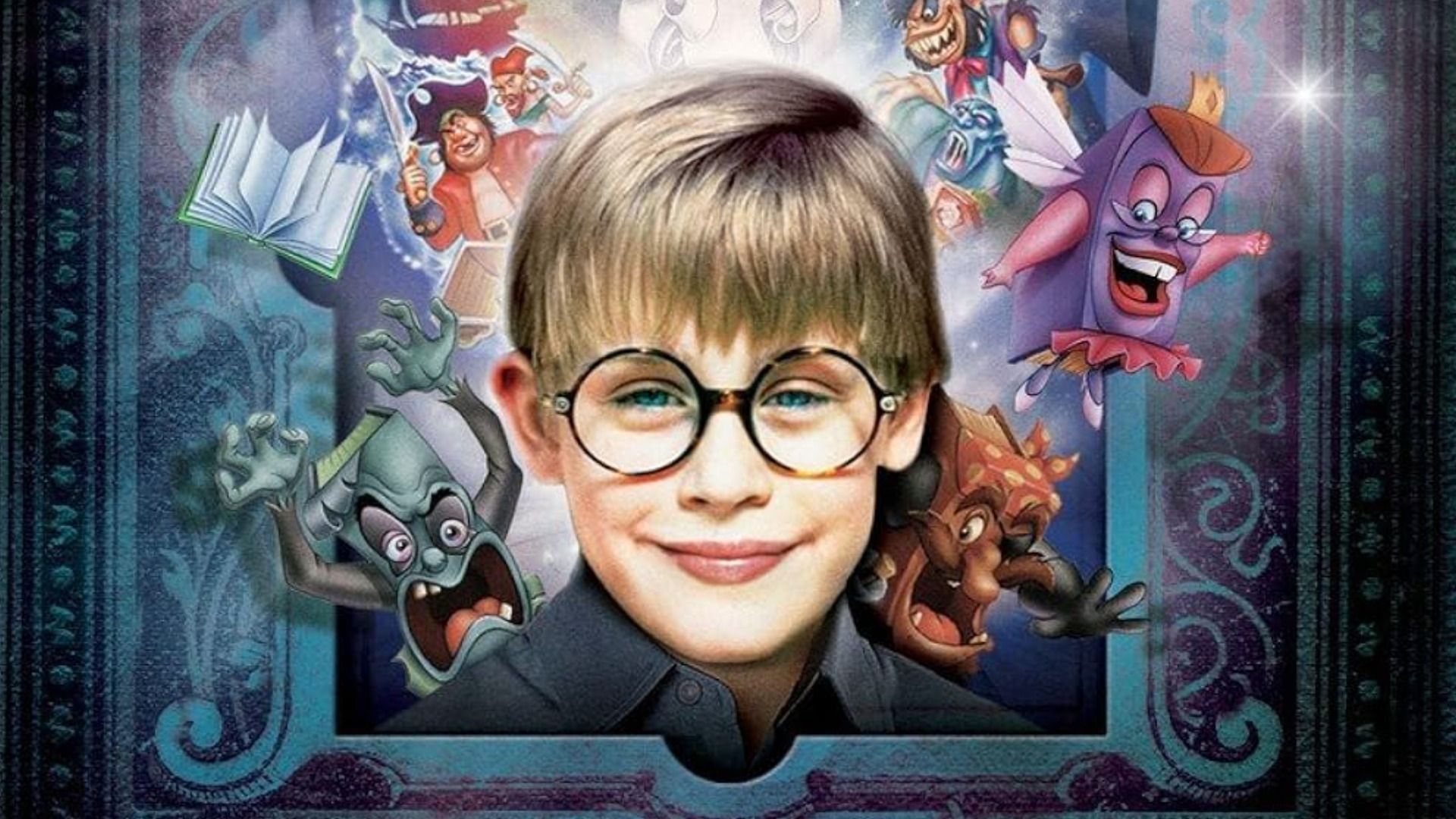 Actor Macaulay Culkin as a child, standing wearing glasses surrounded by cartoon books