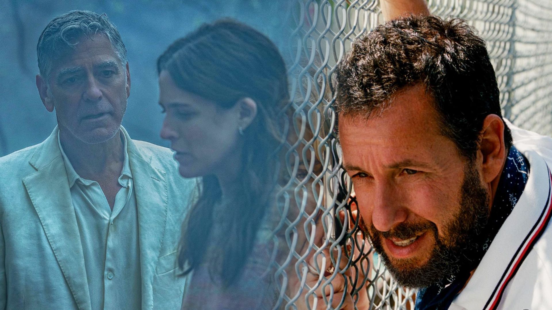 Actor George Clooney in a white blazer and actor Adam Sandler by a chain-link fence
